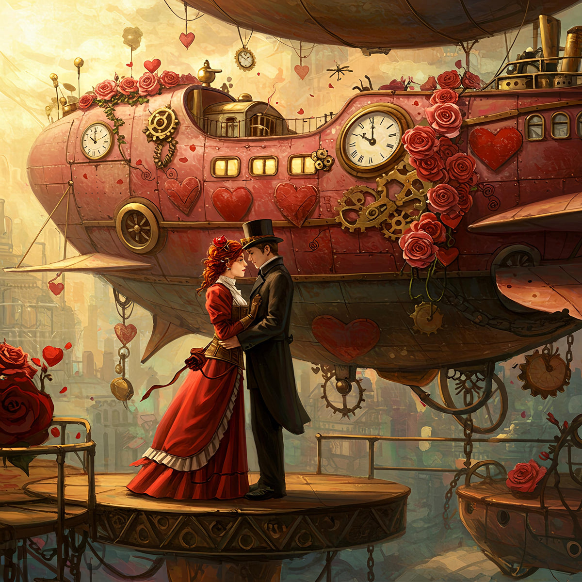 Steampunk Romance Airship Art: Victorian Couple Valentine's Gift (Digital Print)
