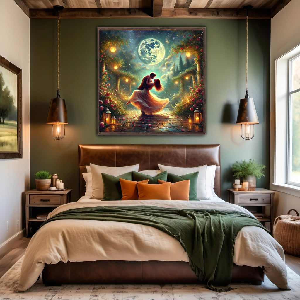 Moonlit Dance Art: Romantic Couple, Roses, Lanterns (Digital Download)