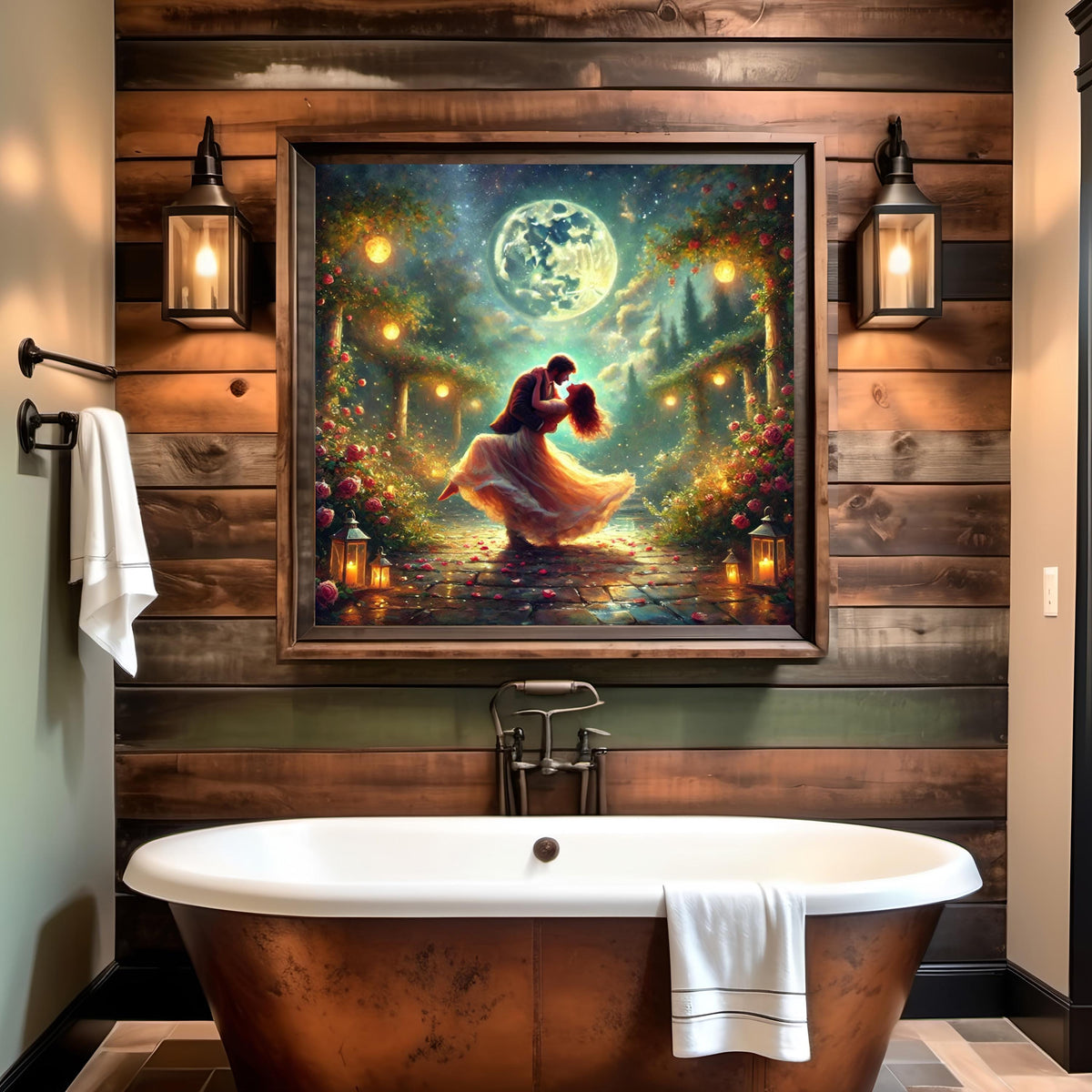 Moonlit Dance Art: Romantic Couple, Roses, Lanterns (Digital Download)