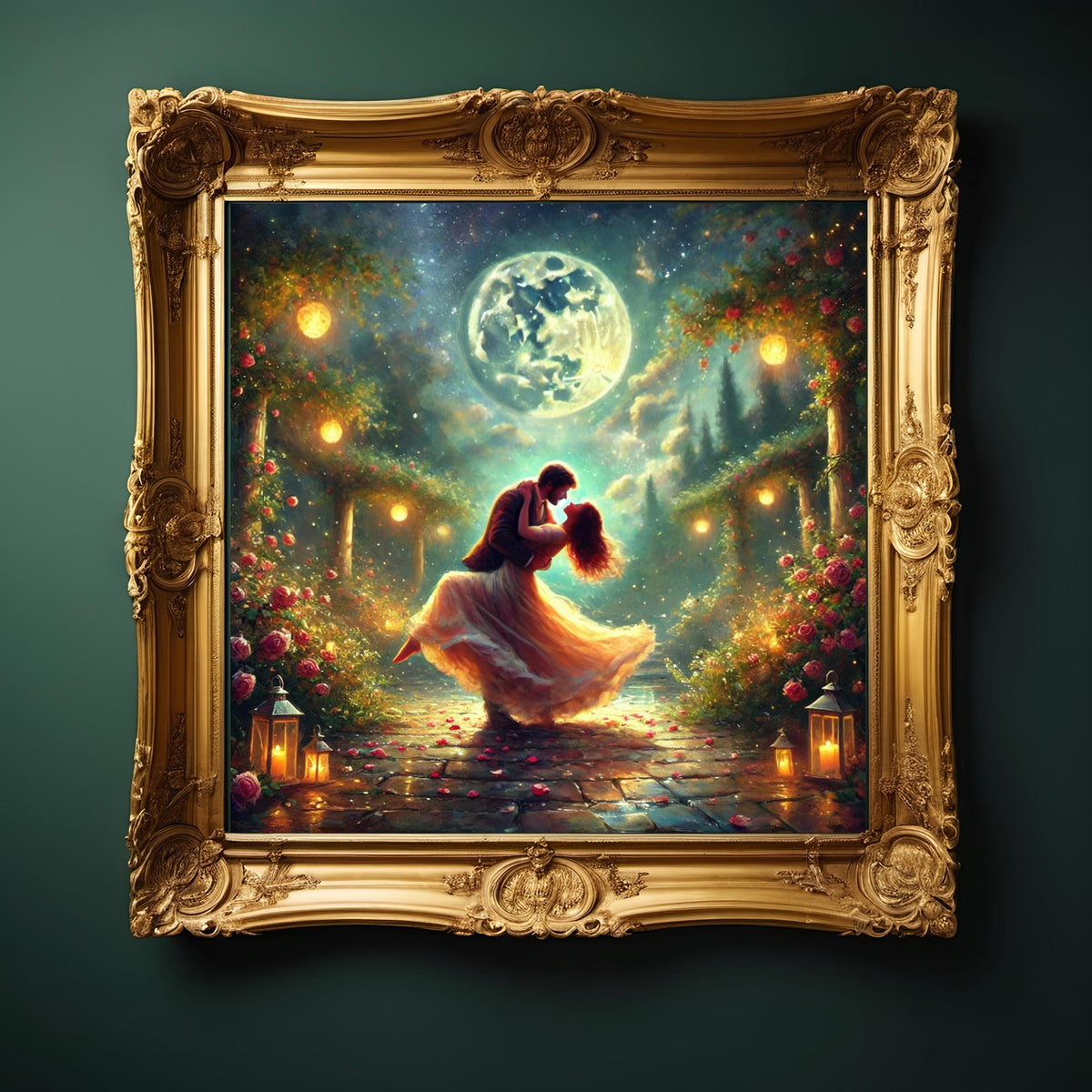 Moonlit Dance Art: Romantic Couple, Roses, Lanterns (Digital Download)