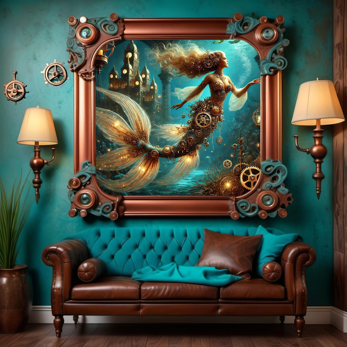 Steampunk Mermaid Art Print: Clockwork Siren, Mystical Ocean (Digital Download)