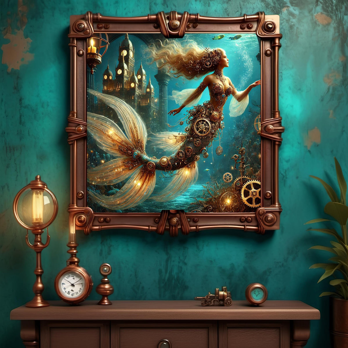 Steampunk Mermaid Art Print: Clockwork Siren, Mystical Ocean (Digital Download)