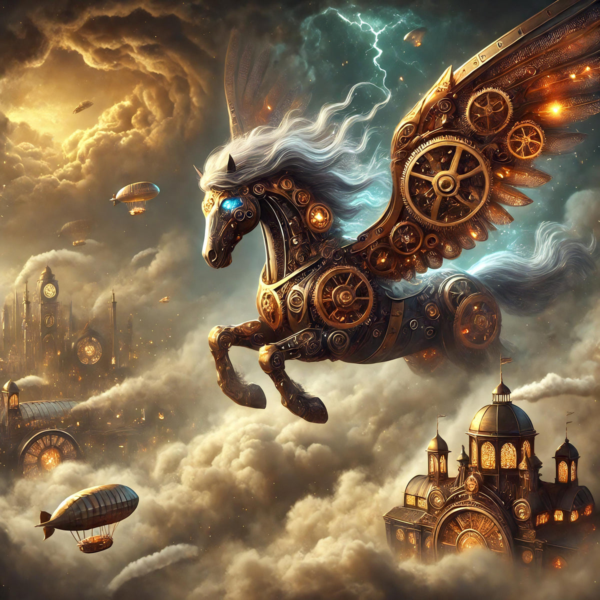Steampunk Pegasus Print: Mechanical Winged Horse Fantasy Art (Digital Download)