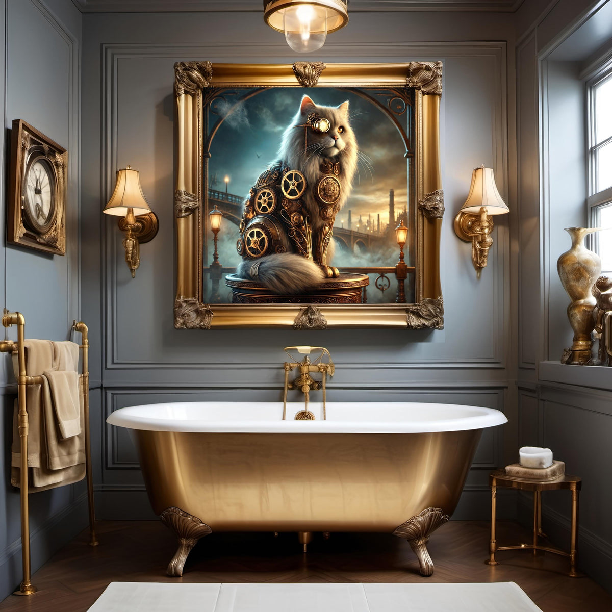 Steampunk Cat Wall Art: Victorian Clockwork Feline (Digital Print)
