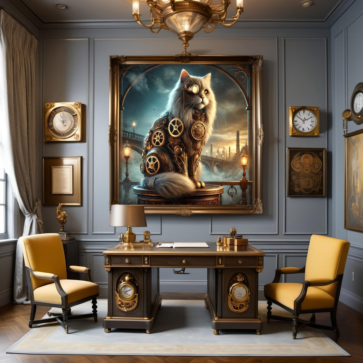 Steampunk Cat Wall Art: Victorian Clockwork Feline (Digital Print)