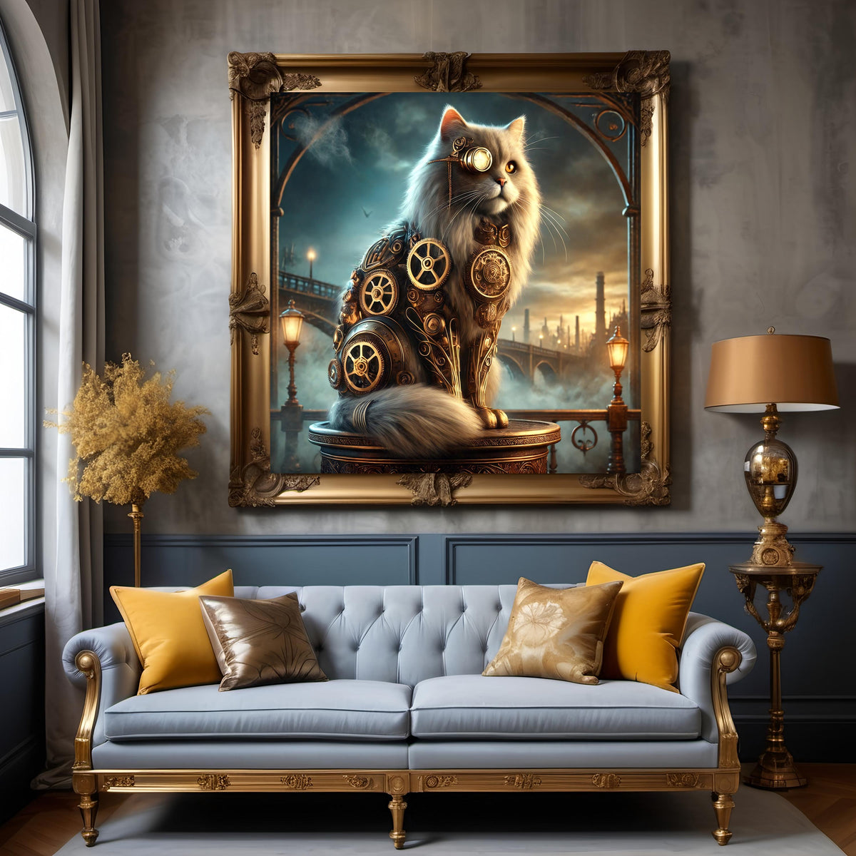 Steampunk Cat Wall Art: Victorian Clockwork Feline (Digital Print)