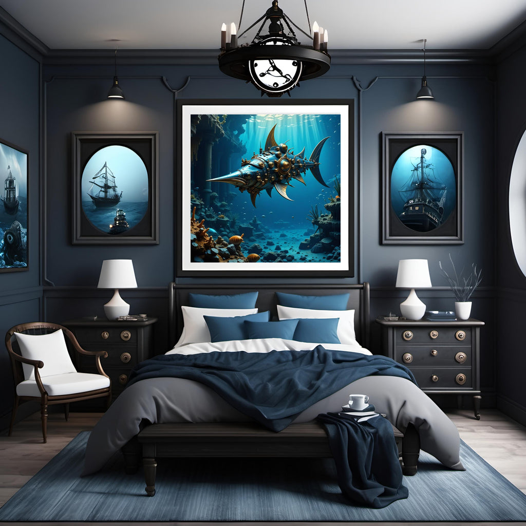 Steampunk Fish Print: Underwater Fantasy Nautical Wall Art (Digital Download)
