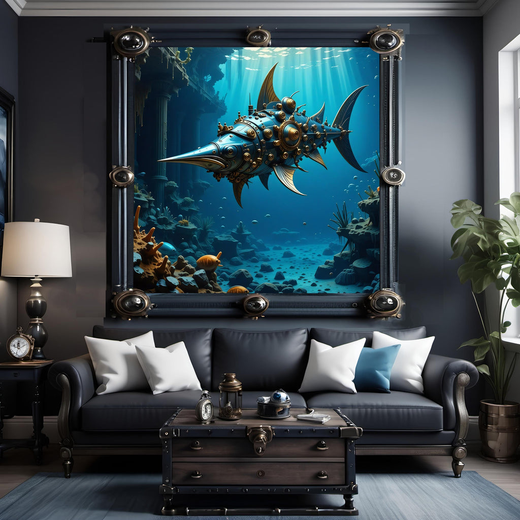 Steampunk Fish Print: Underwater Fantasy Nautical Wall Art (Digital Download)