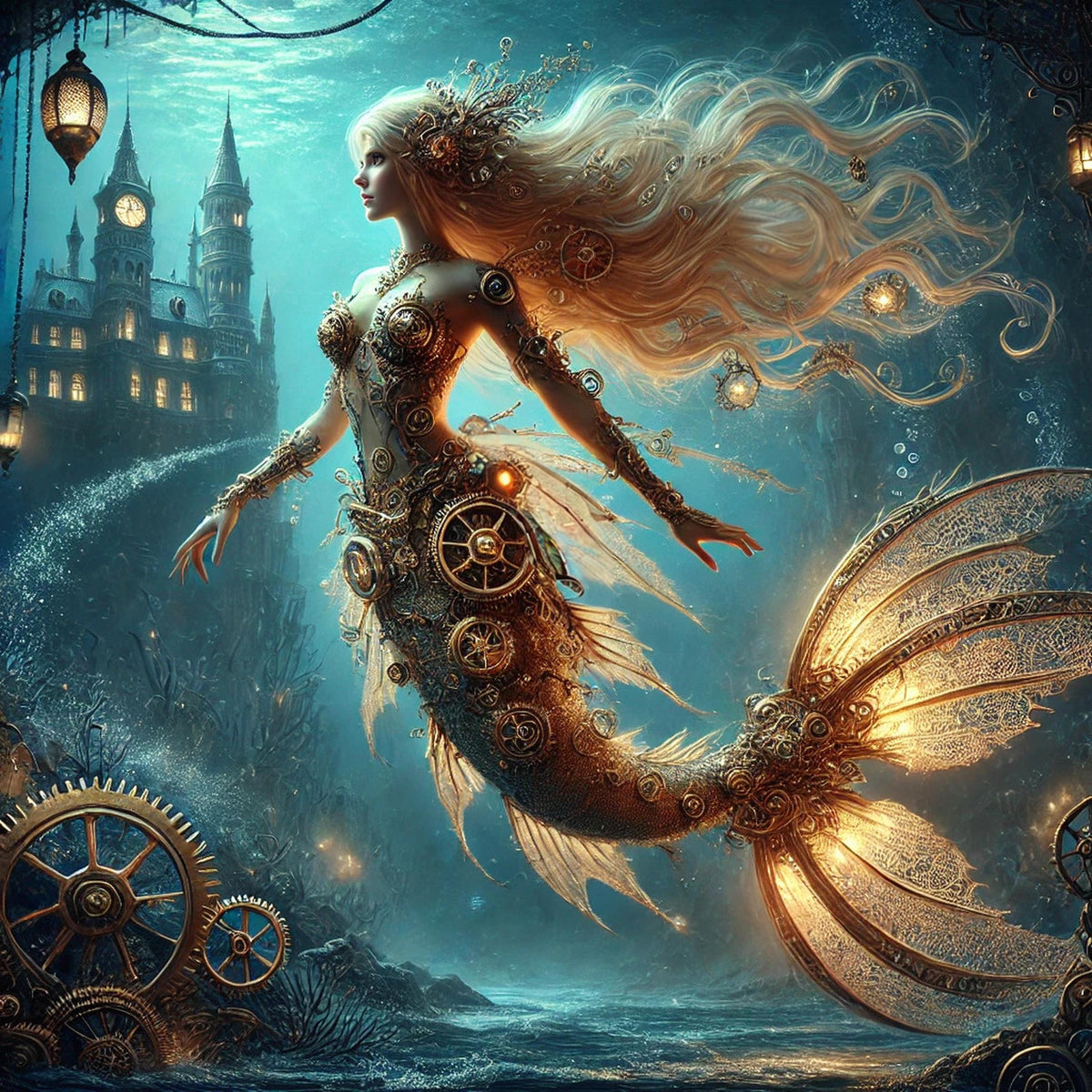 Steampunk Mermaid Art: Clockwork Ocean Goddess (Digital Download)