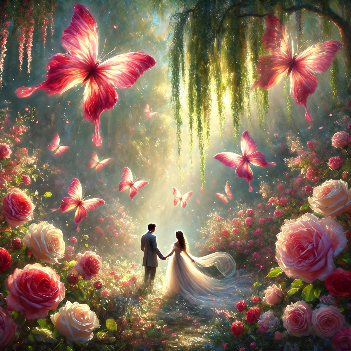 Butterfly Romance Art: Ethereal Couple in Rose Garden (Digital Download)