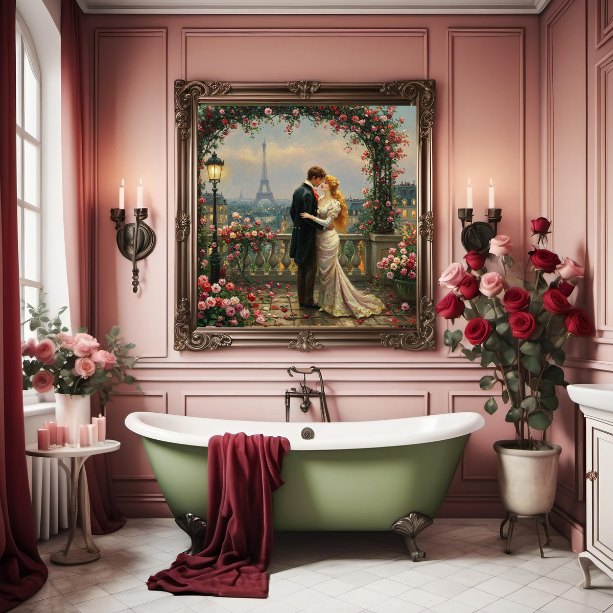 Parisian Balcony Kiss Vintage Art Print: Romantic Eiffel Tower Scene (Digital Download)