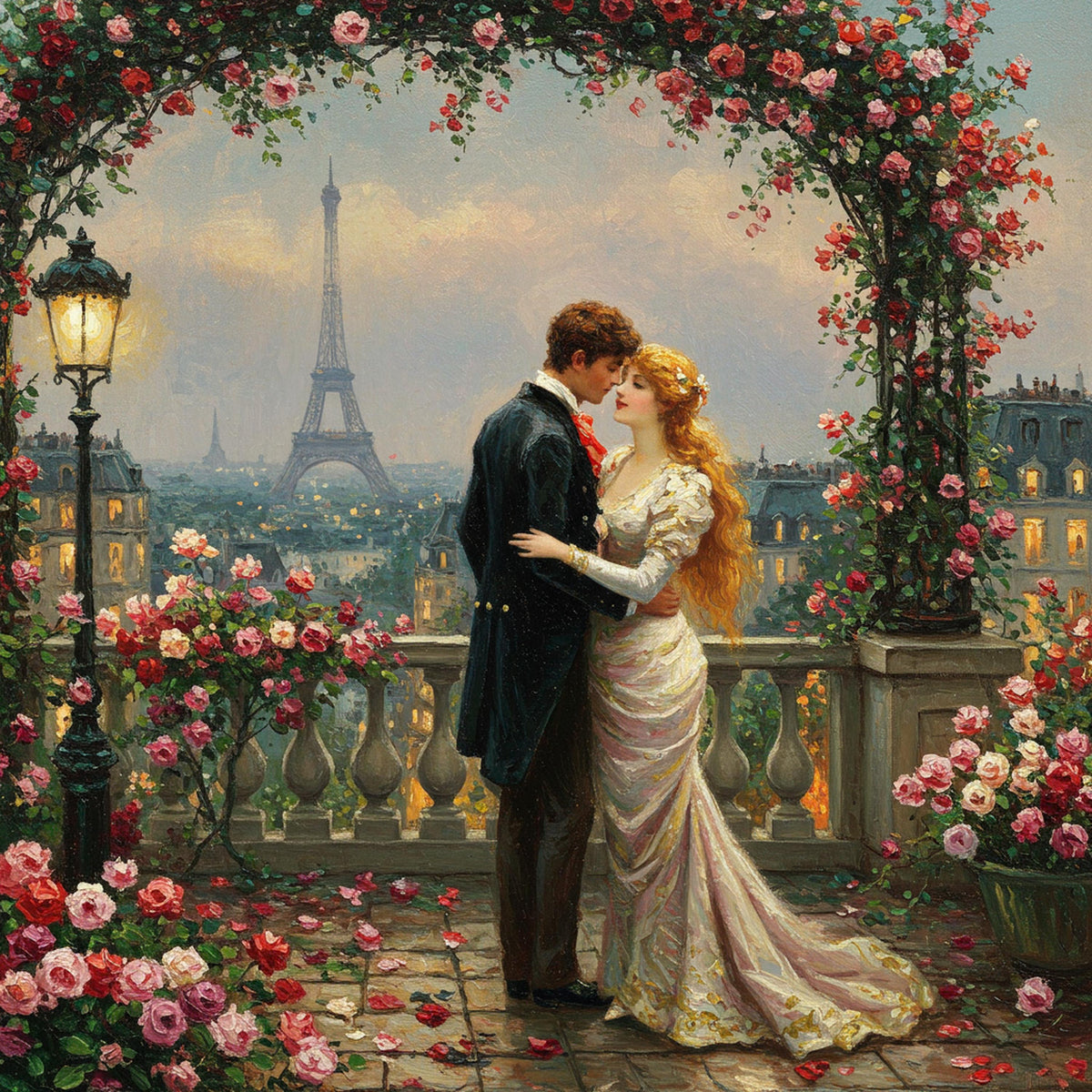 Parisian Balcony Kiss Vintage Art Print: Romantic Eiffel Tower Scene (Digital Download)