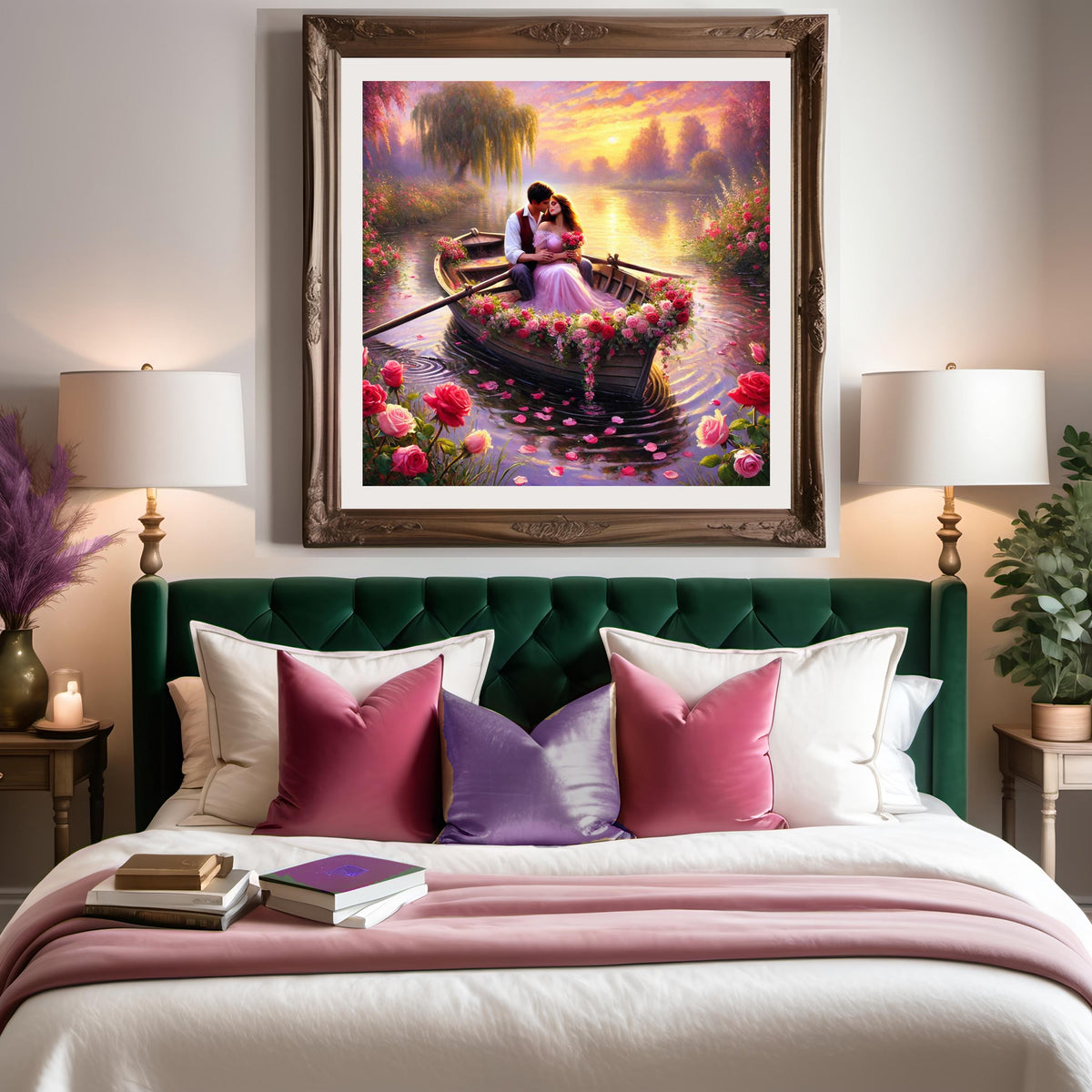 Romantic Couple in Floral Rowboat: Sunset Lake Art Print (Digital Download)
