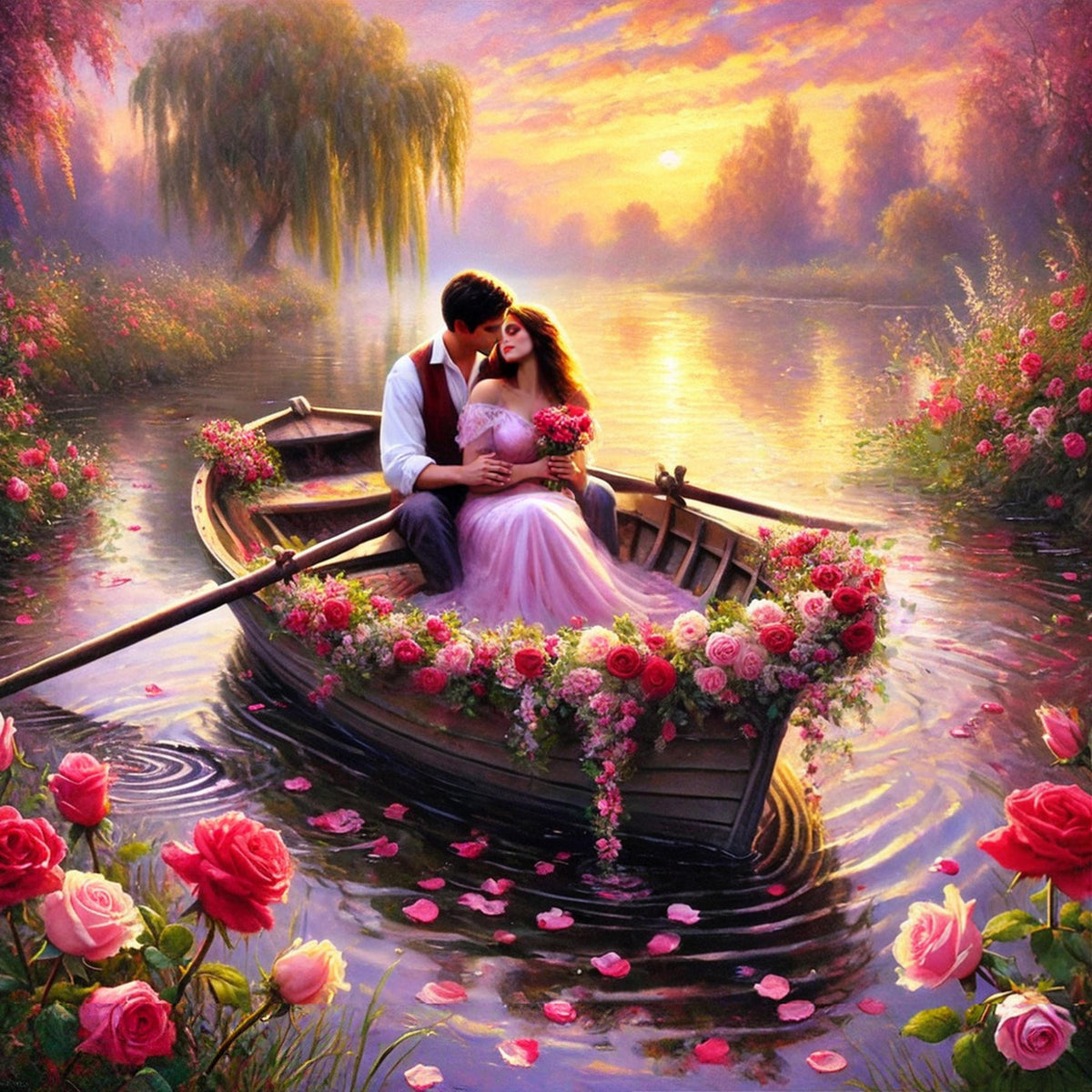 Romantic Couple in Floral Rowboat: Sunset Lake Art Print (Digital Download)