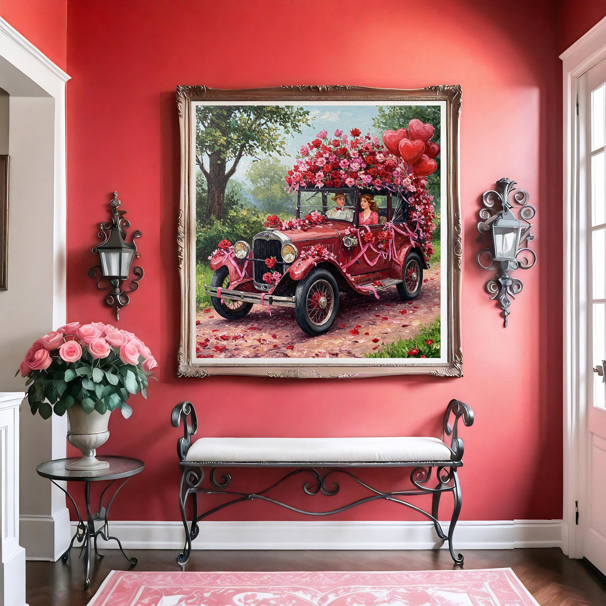 Vintage Floral Car Painting: Romantic Getaway Wall Art (Digital Print)