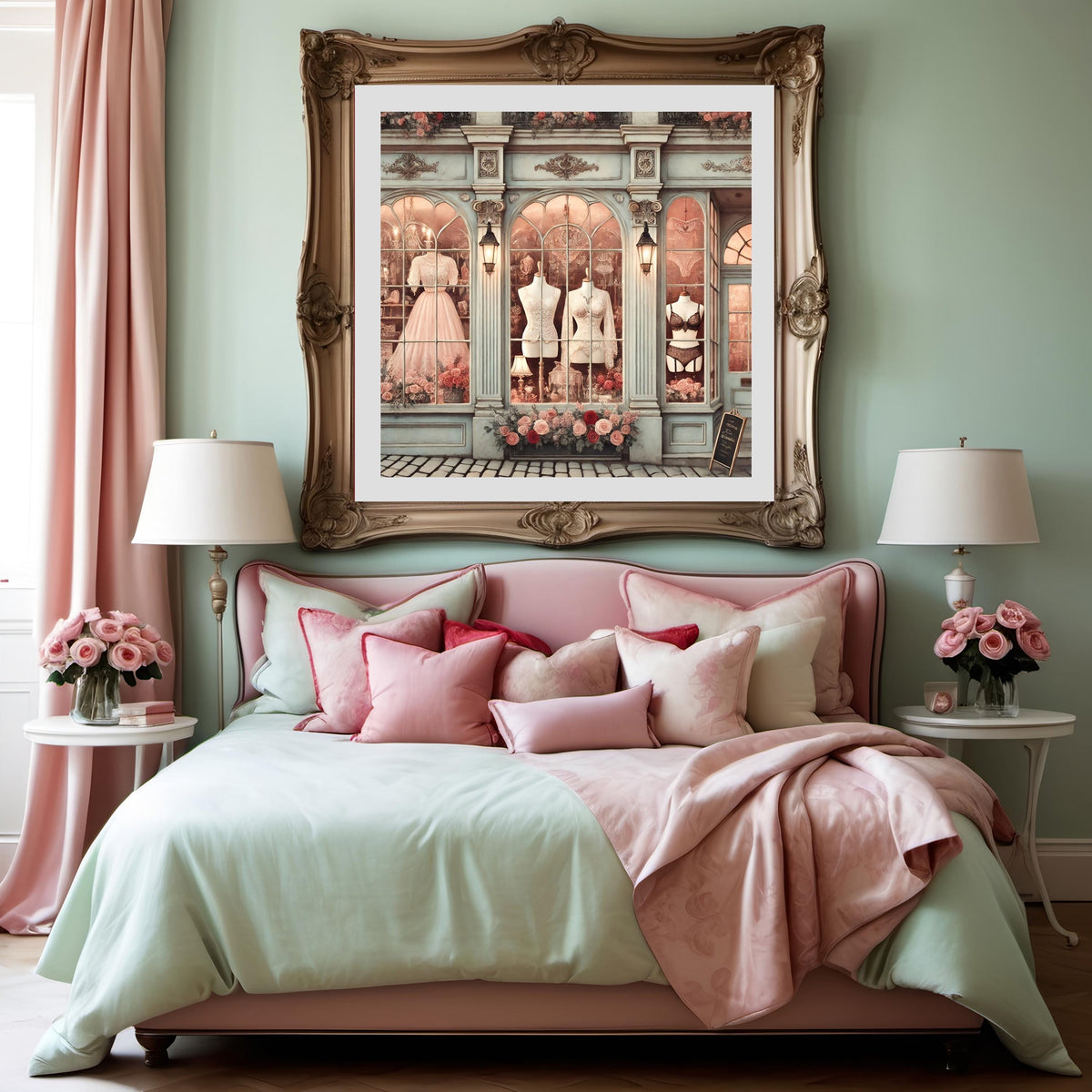 Paris Lingerie Shop Window Art Print, French Boudoir Fashion Illustration