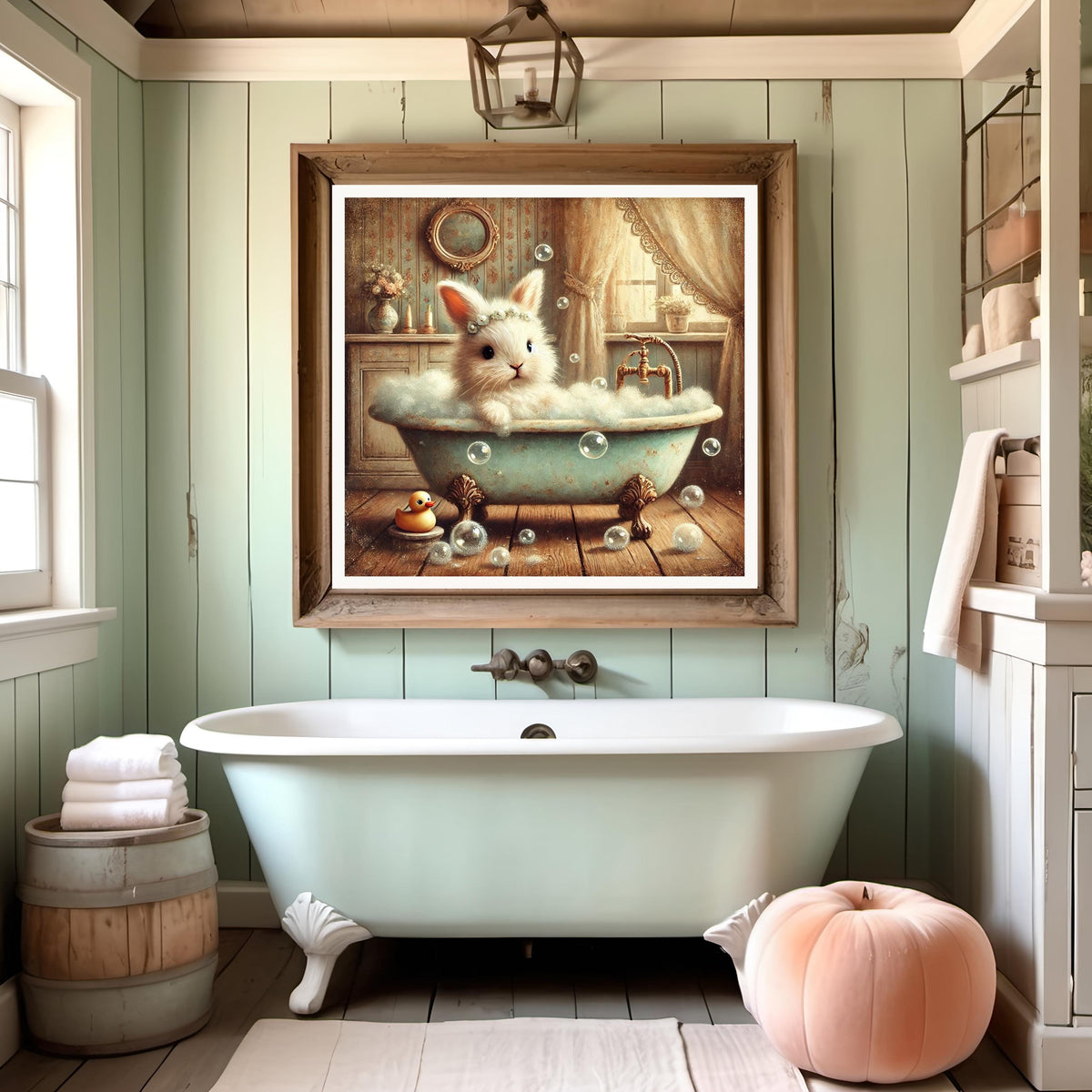 Vintage Bunny Bubble Bath Print: Whimsical Cottagecore Bathroom Decor (Digital Download)