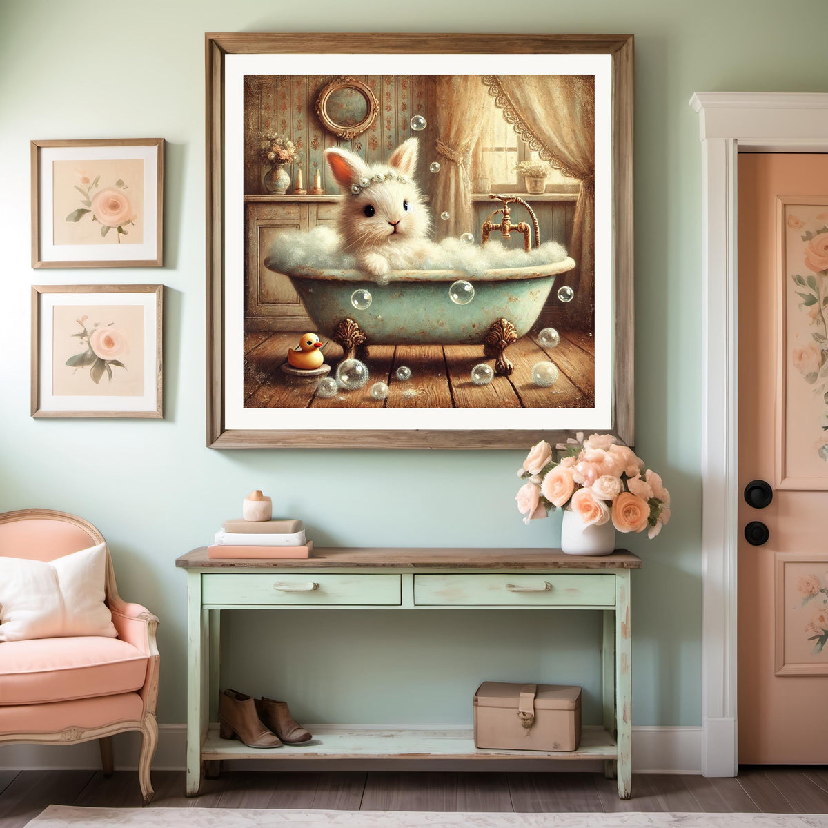 Vintage Bunny Bubble Bath Print: Whimsical Cottagecore Bathroom Decor (Digital Download)