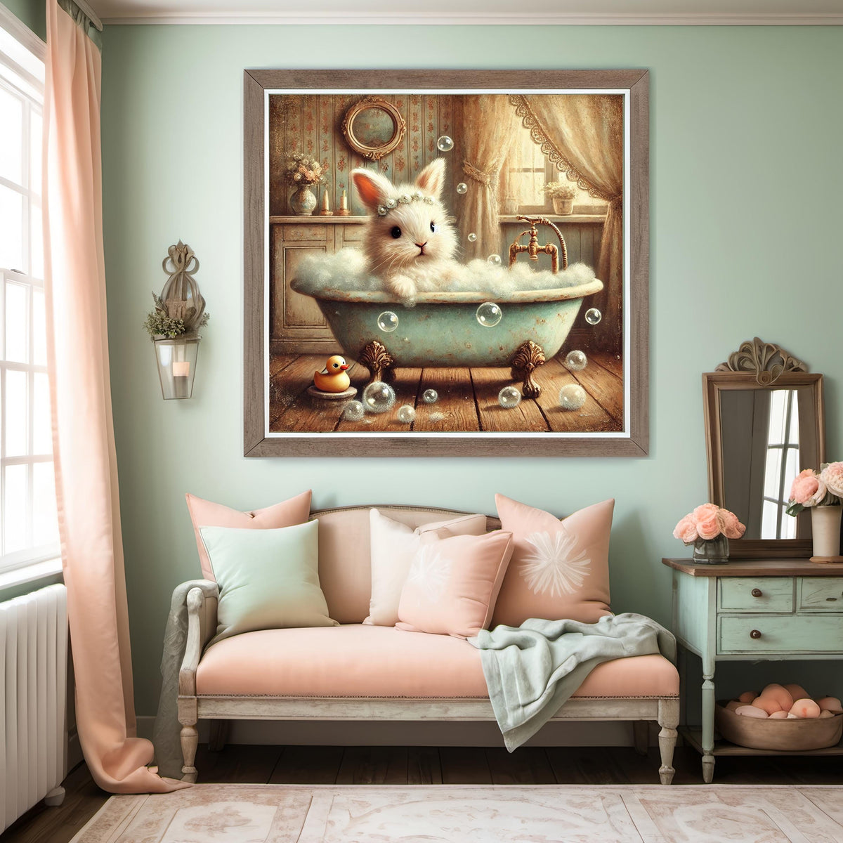 Vintage Bunny Bubble Bath Print: Whimsical Cottagecore Bathroom Decor (Digital Download)