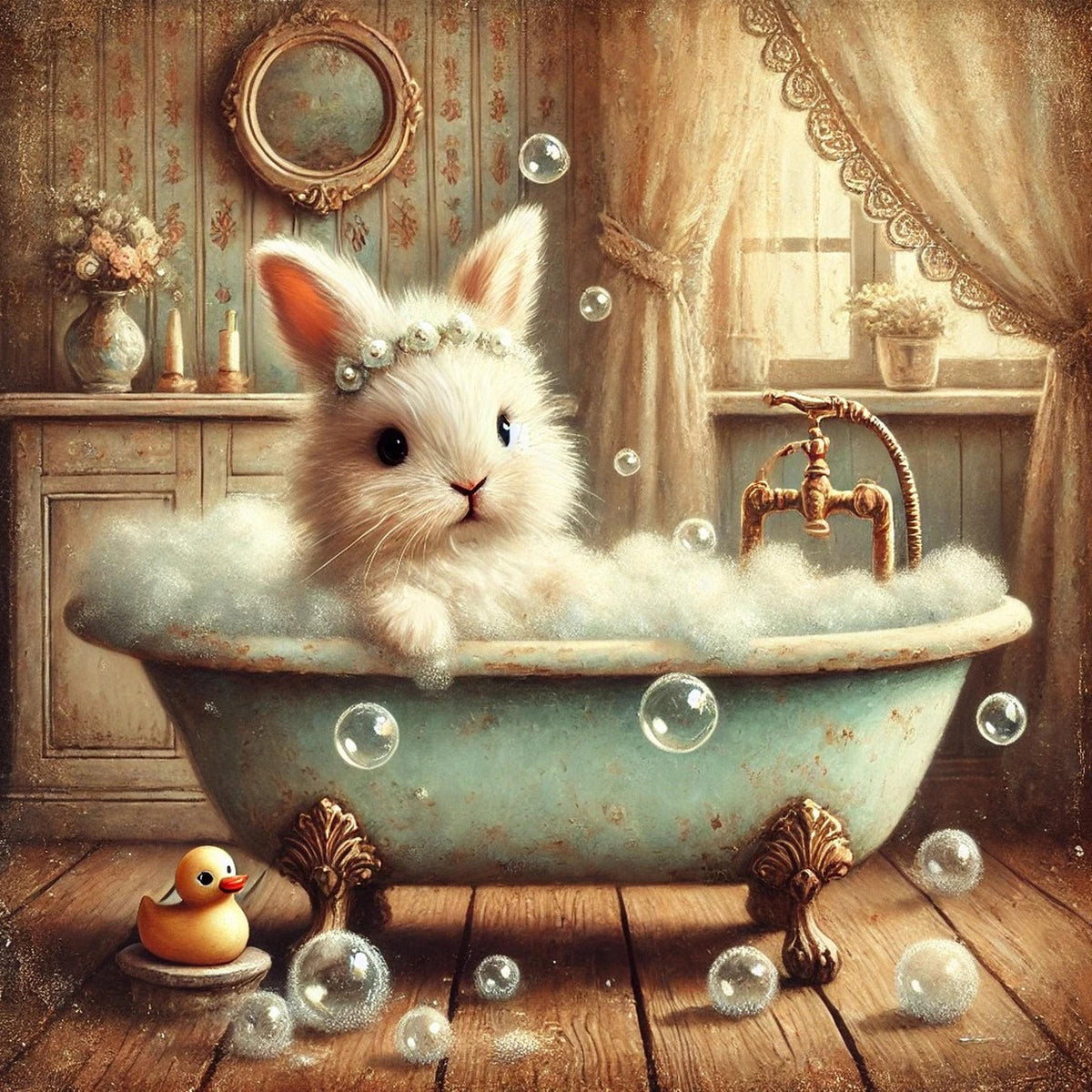 Vintage Bunny Bubble Bath Print: Whimsical Cottagecore Bathroom Decor (Digital Download)