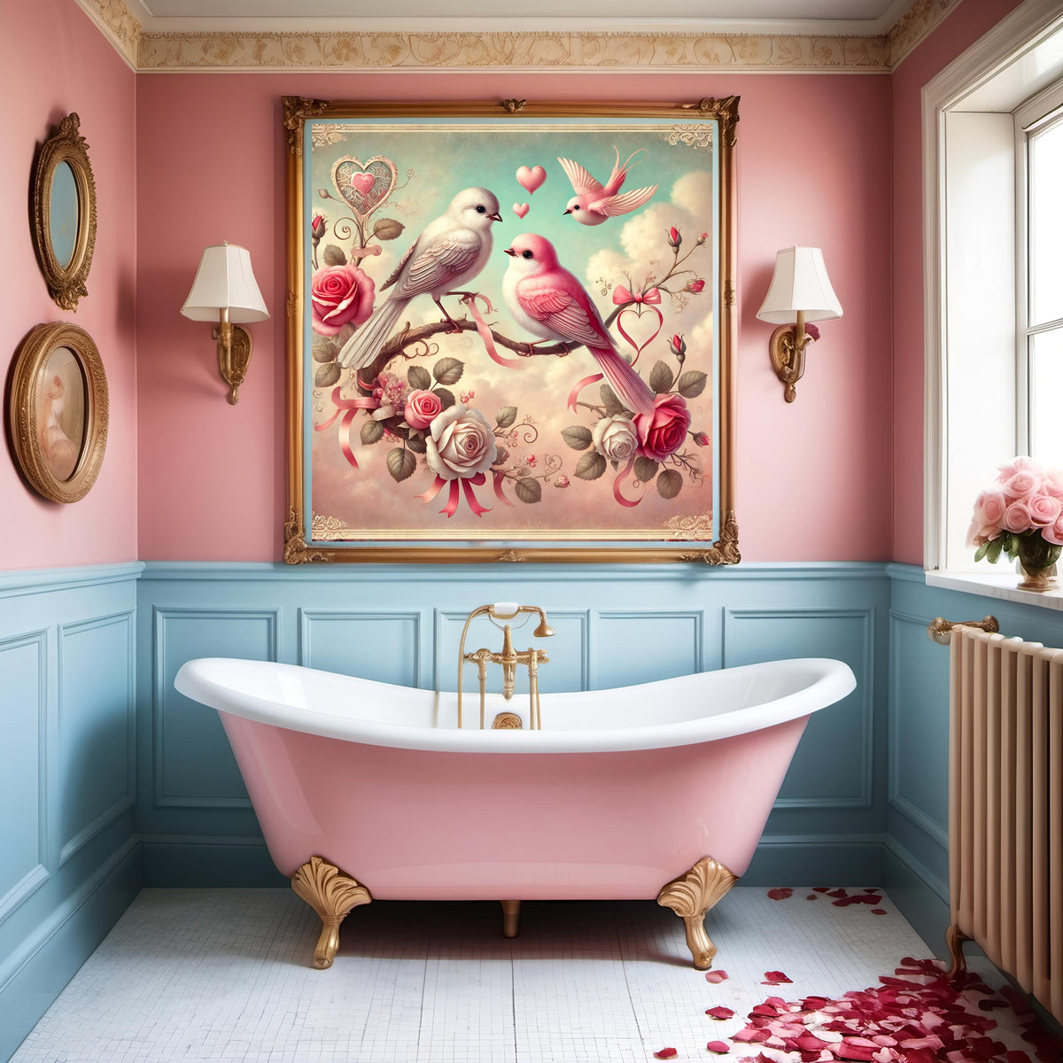 Vintage Lovebirds Valentine's Day Print: Whimsical Rose Decor (Digital Download)