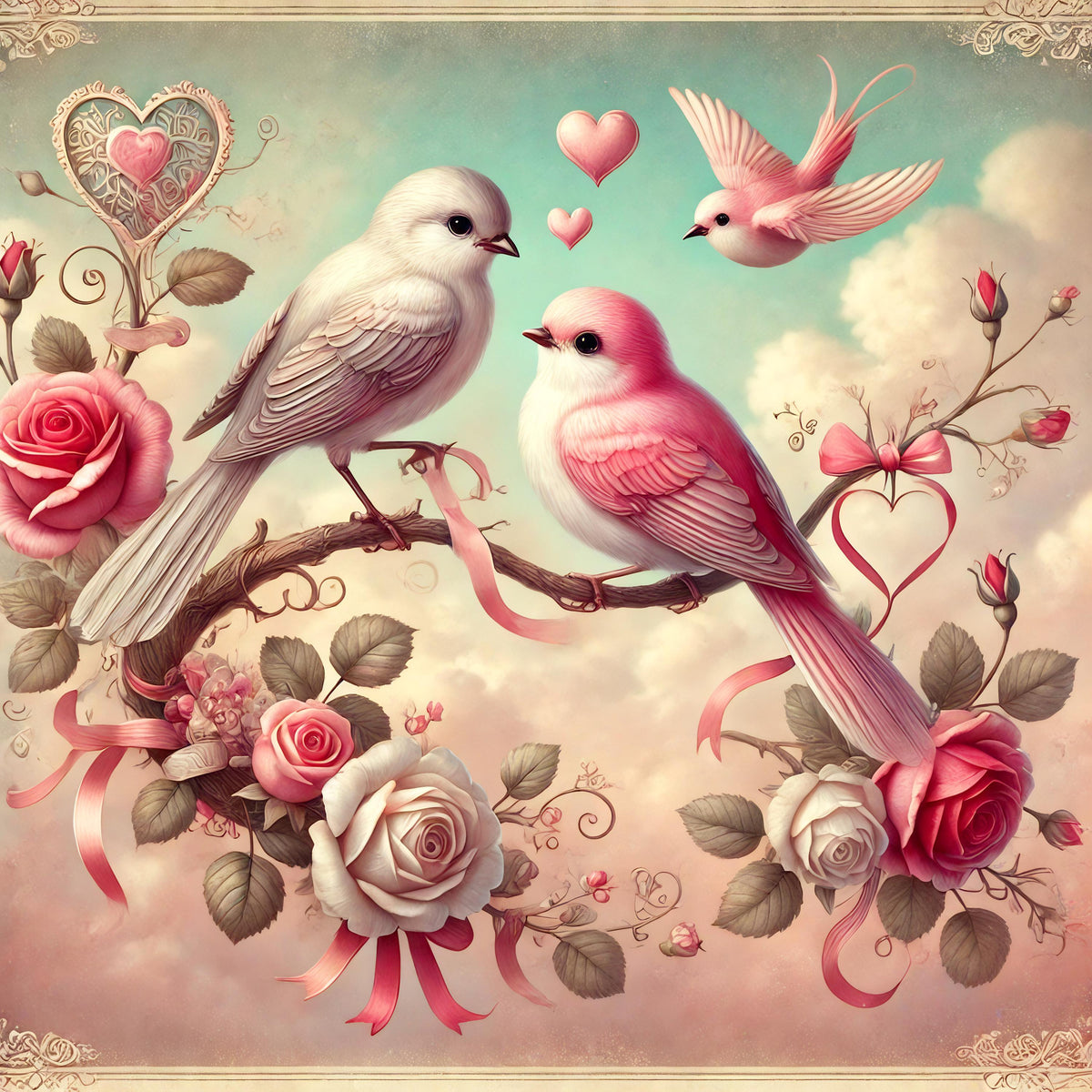 Vintage Lovebirds Valentine's Day Print: Whimsical Rose Decor (Digital Download)