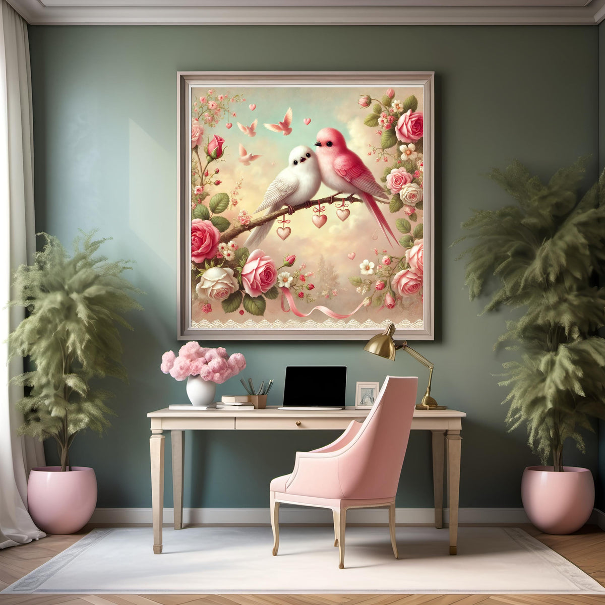 Lovebirds Valentine's Day Print: Vintage Rose Decor (Digital Download)