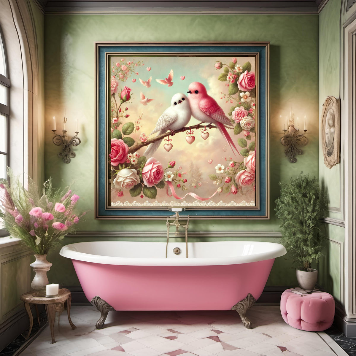 Lovebirds Valentine's Day Print: Vintage Rose Decor (Digital Download)