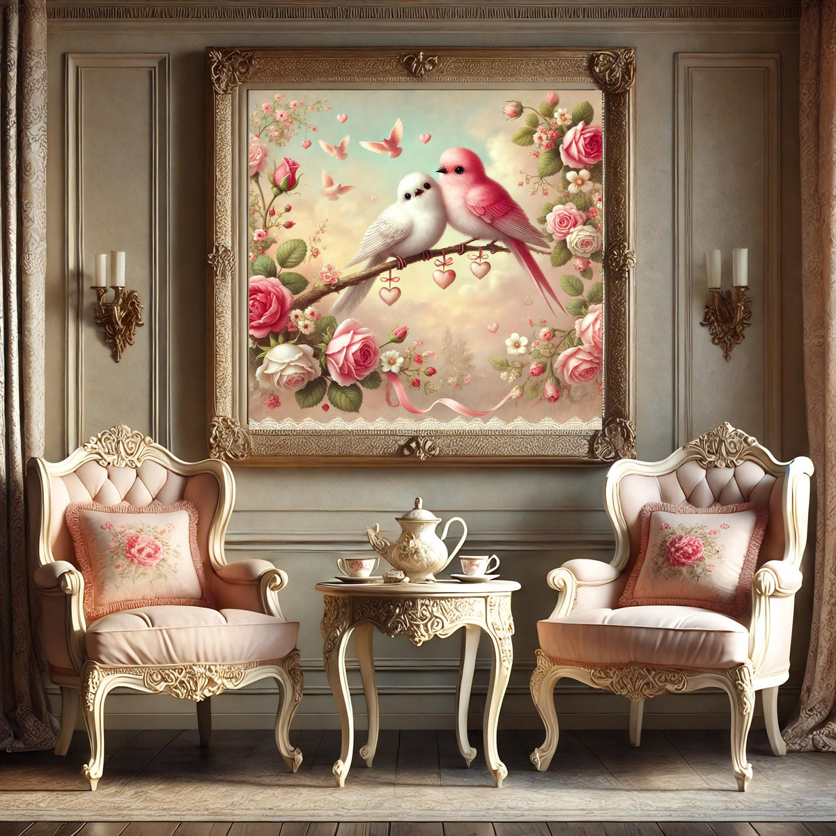 Lovebirds Valentine's Day Print: Vintage Rose Decor (Digital Download)