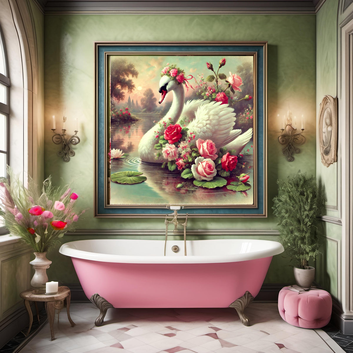 Vintage Swan & Roses Wall Art: Romantic Floral Lake Scene (Digital Download)