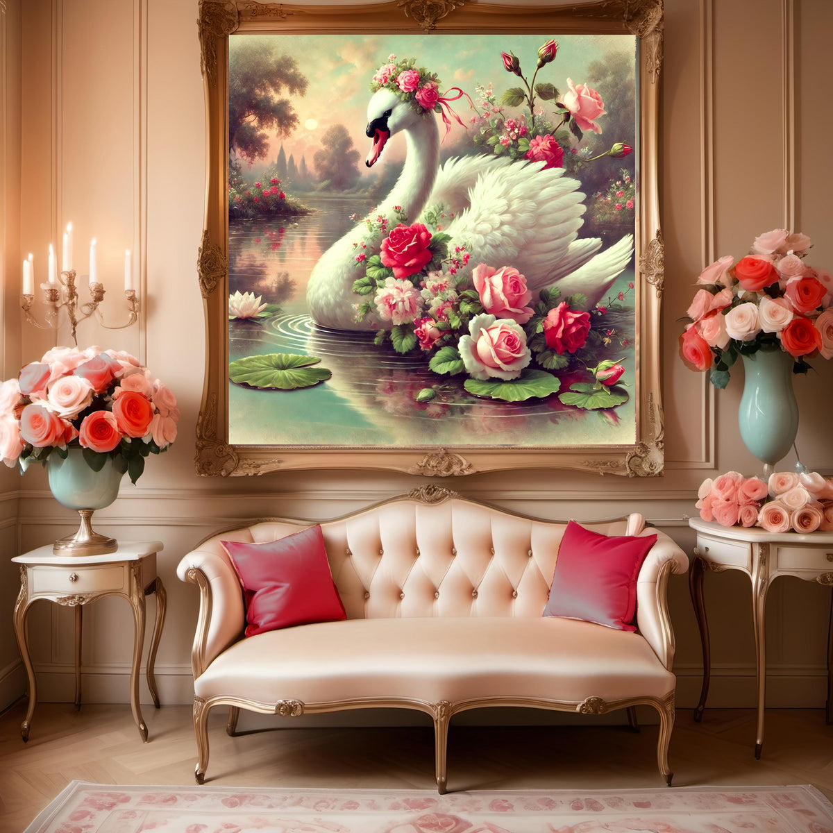 Vintage Swan & Roses Wall Art: Romantic Floral Lake Scene (Digital Download)