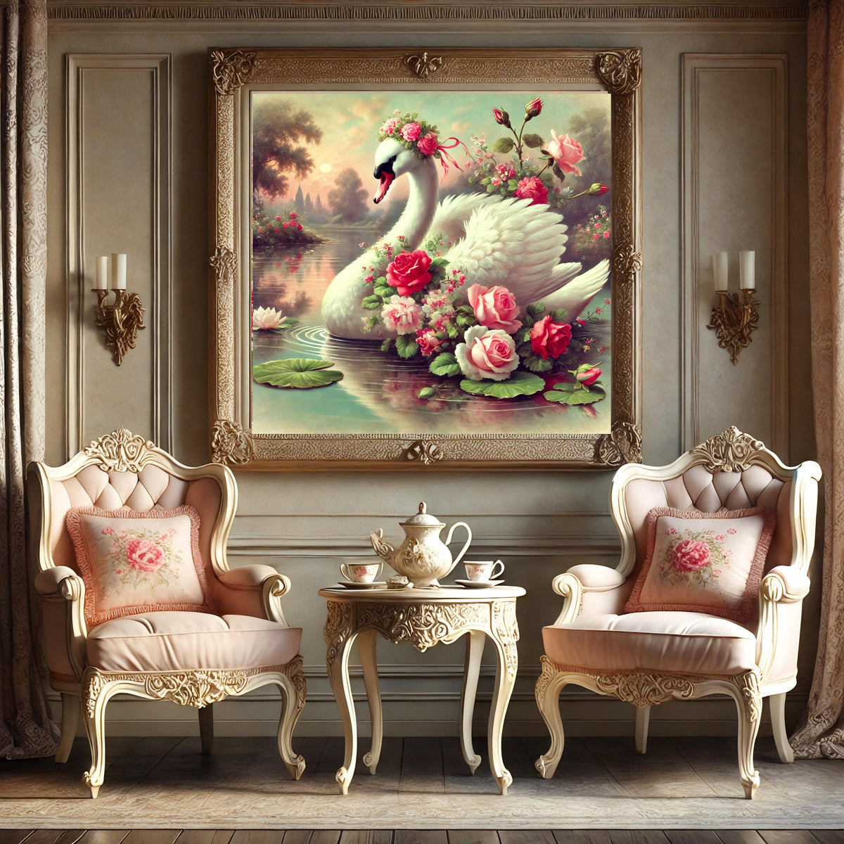 Vintage Swan & Roses Wall Art: Romantic Floral Lake Scene (Digital Download)