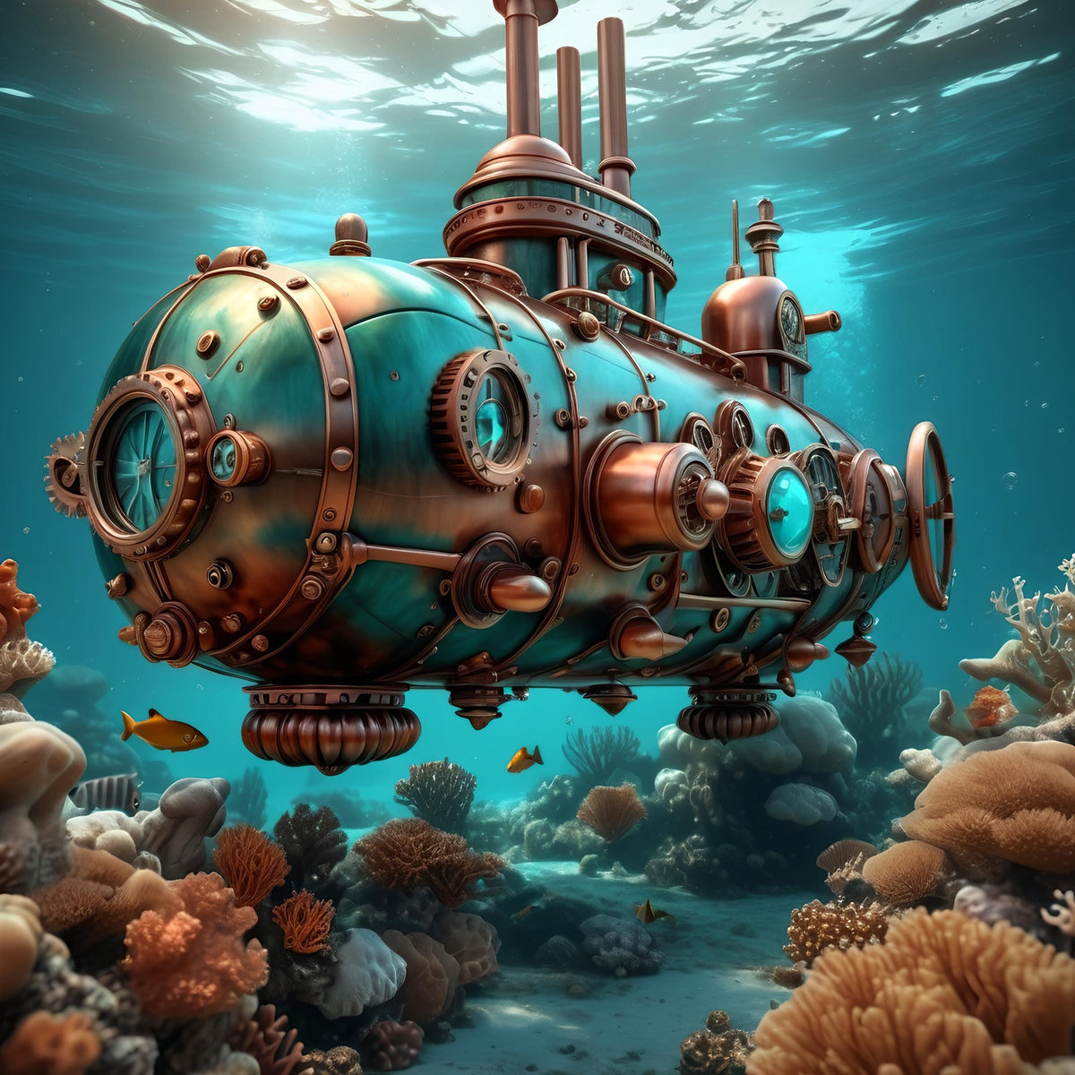 Steampunk Submarine Art Print: Turquoise Bronze Nautical Sci-Fi (Digital Download 40x40 inches)