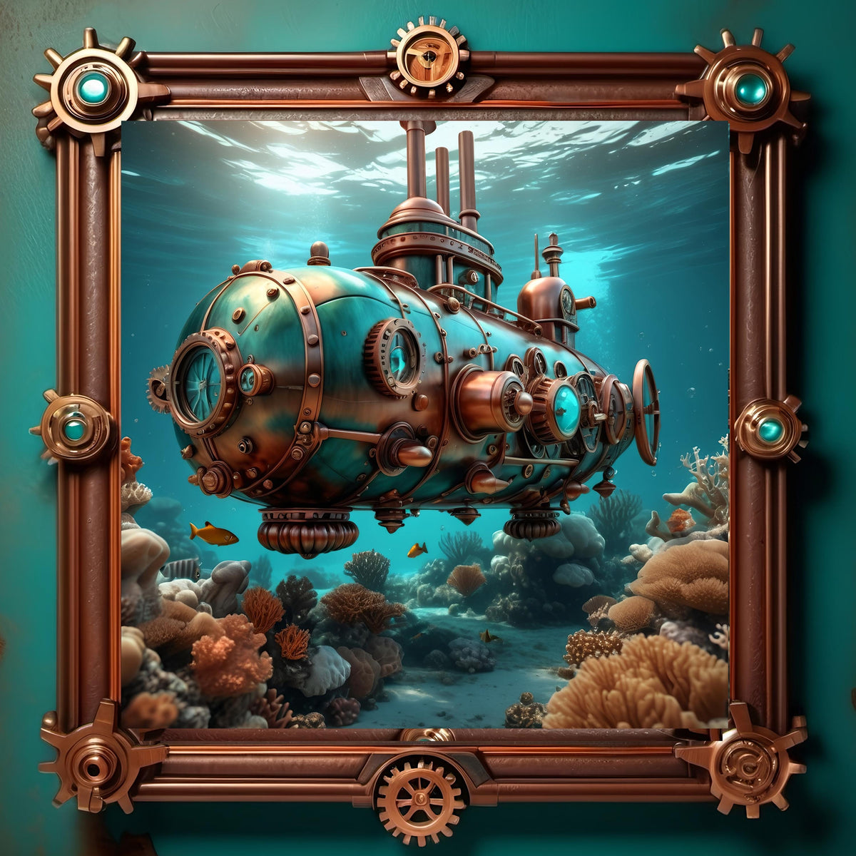 Steampunk Submarine Art Print: Turquoise Bronze Nautical Sci-Fi (Digital Download 40x40 inches)
