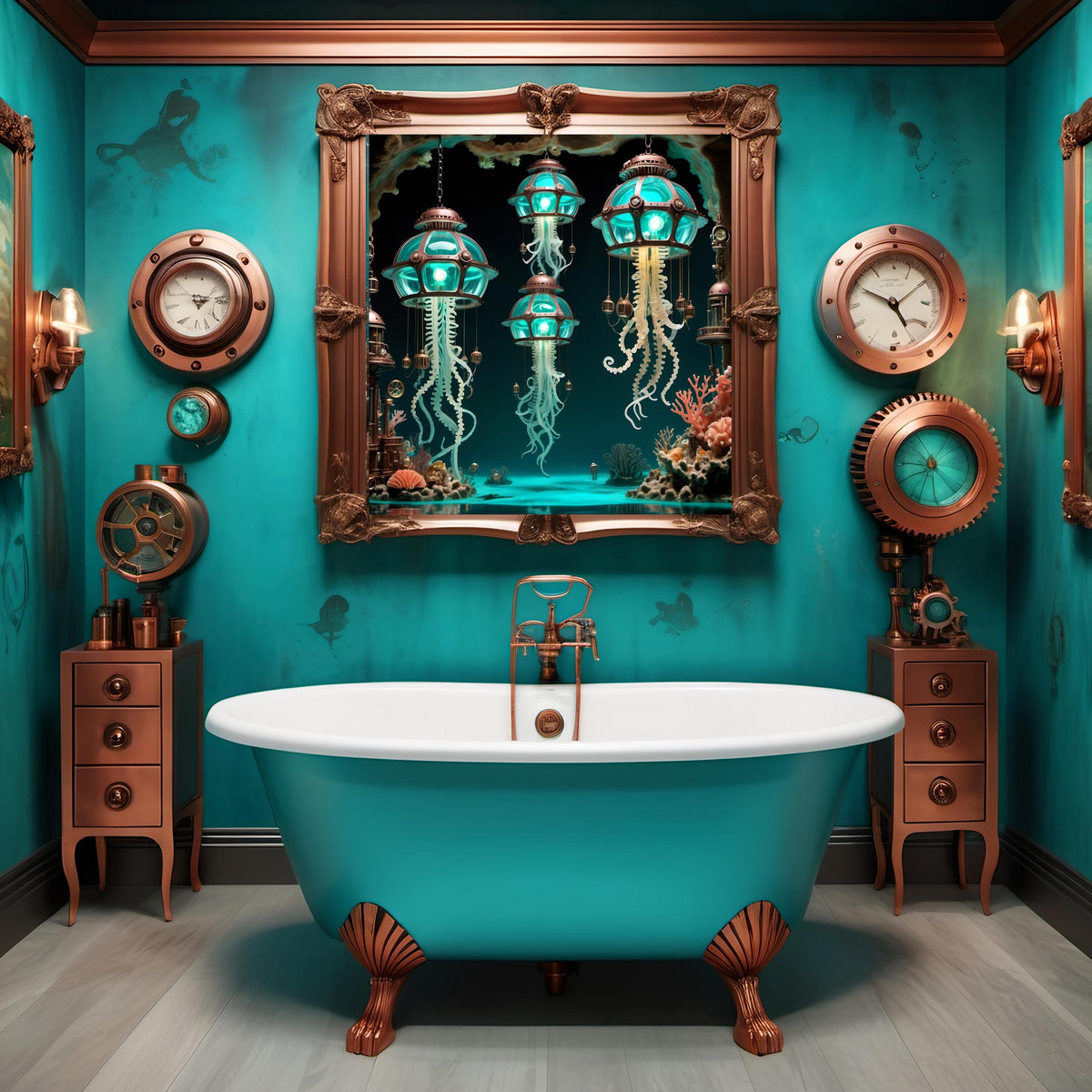 Steampunk Jellyfish Lantern Print: Turquoise Bronze Nautical Sci-Fi Art (Digital Download)
