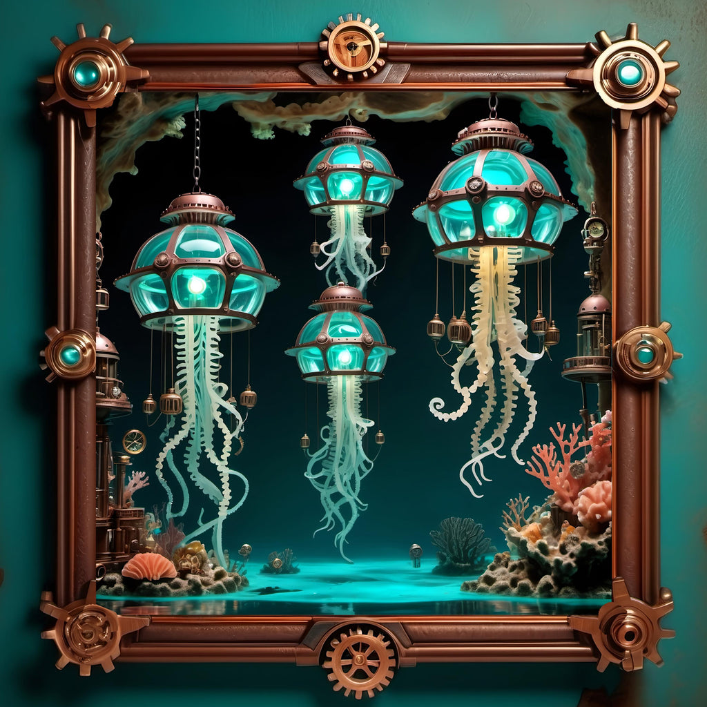 Steampunk Jellyfish Lantern Print: Turquoise Bronze Nautical Sci-Fi Art (Digital Download)