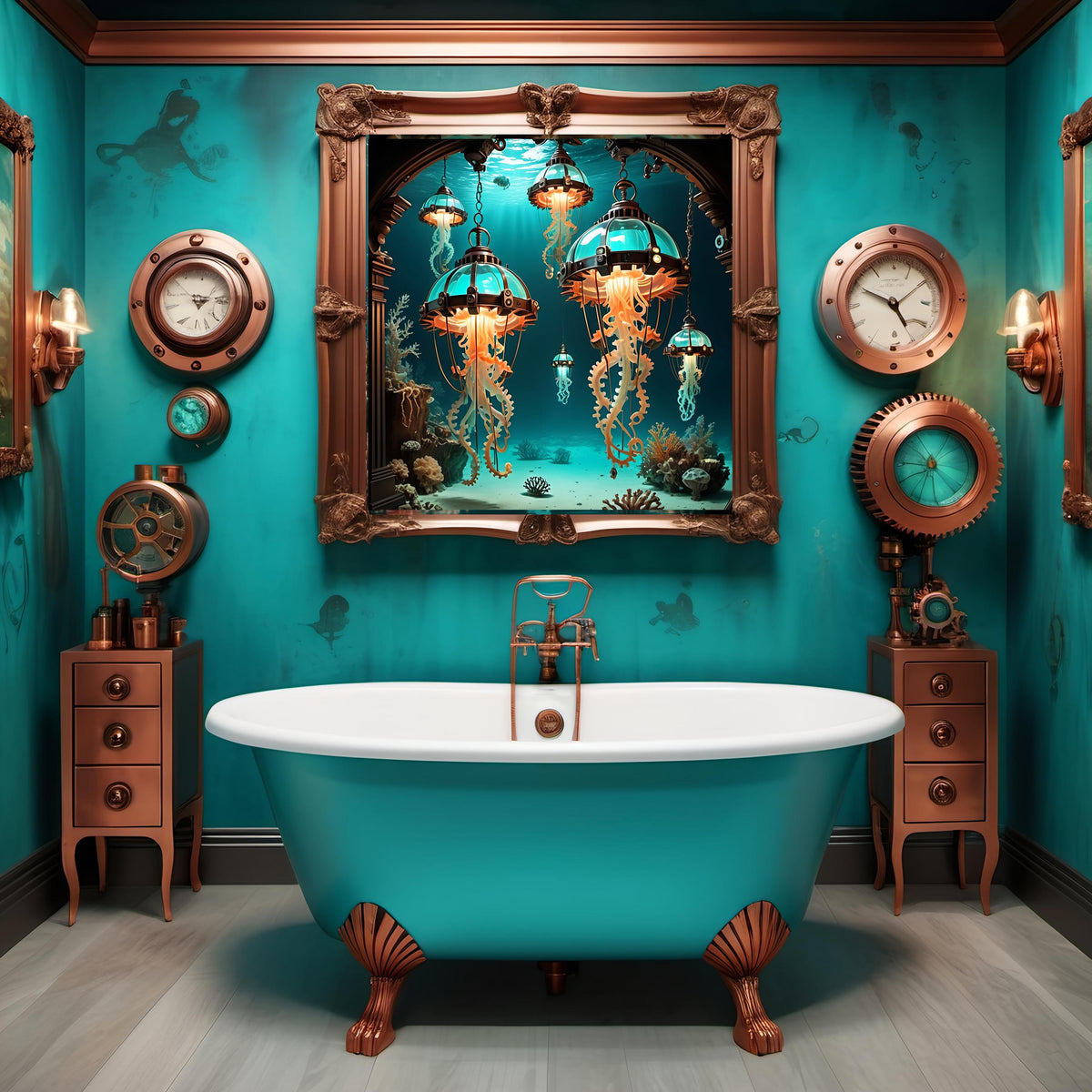 Steampunk Jellyfish Lantern Art: Turquoise Bronze Sci-Fi Print (Digital Download)