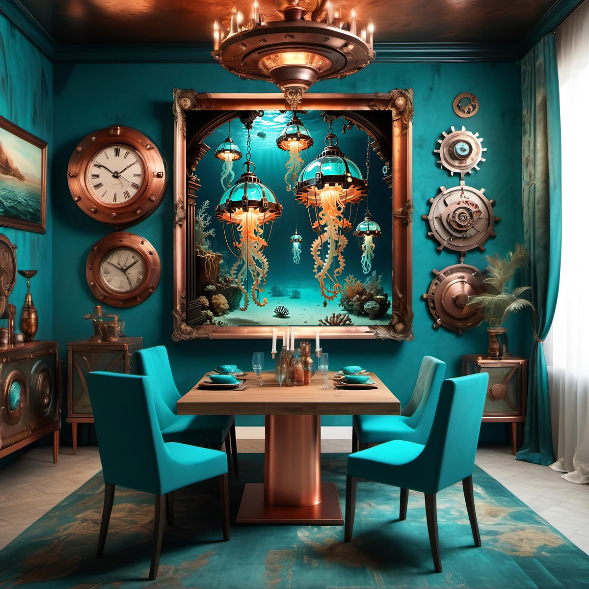 Steampunk Jellyfish Lantern Art: Turquoise Bronze Sci-Fi Print (Digital Download)