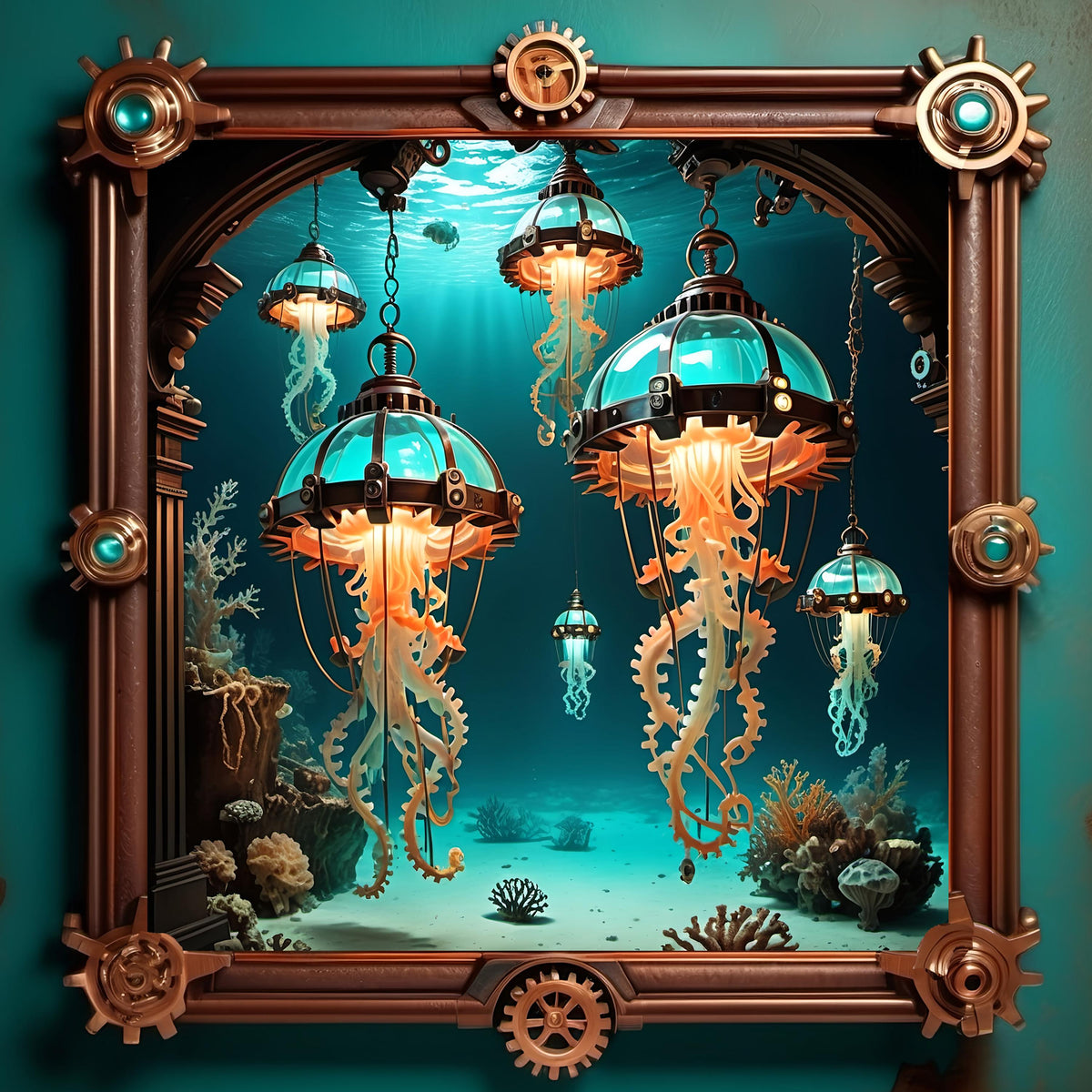Steampunk Jellyfish Lantern Art: Turquoise Bronze Sci-Fi Print (Digital Download)