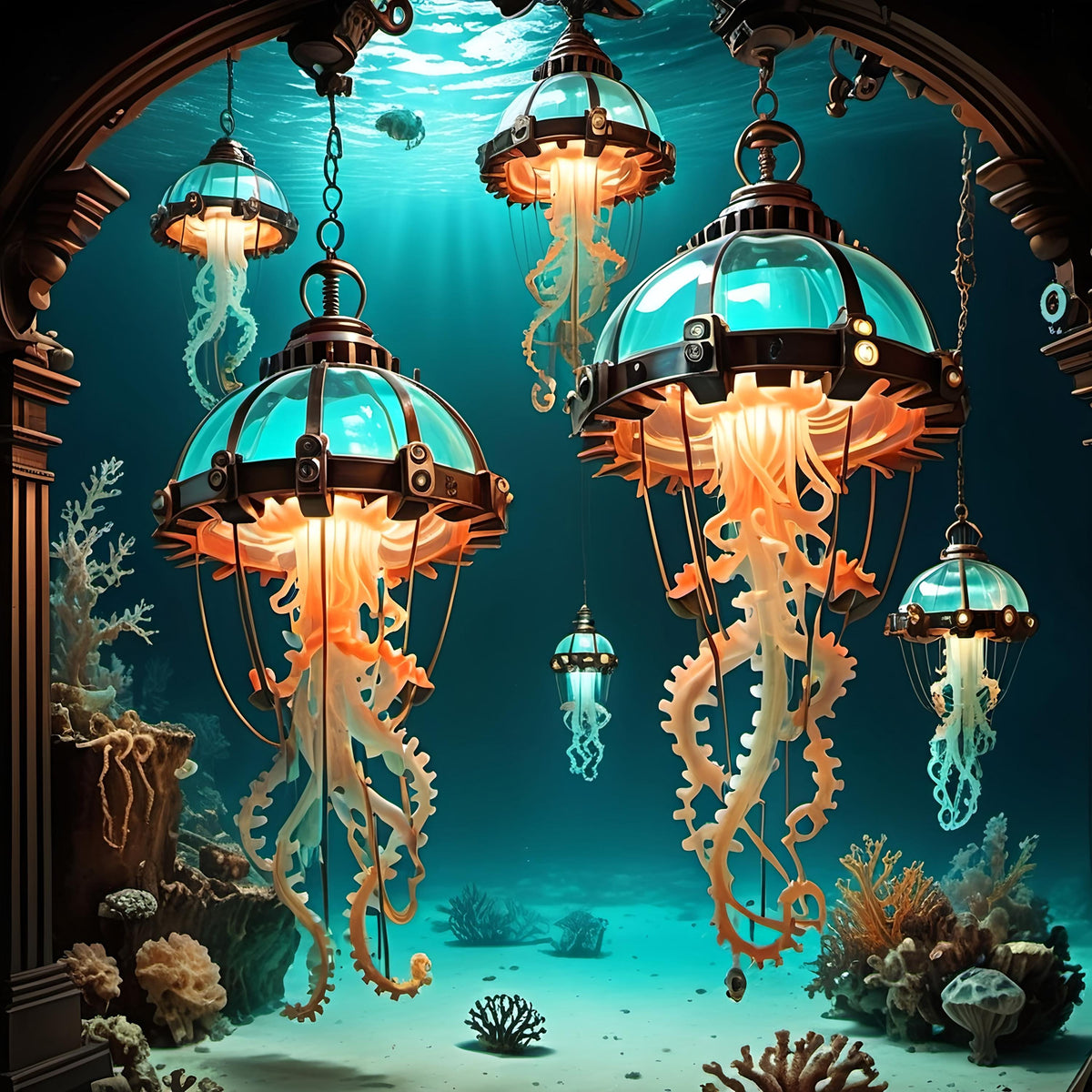 Steampunk Jellyfish Lantern Art: Turquoise Bronze Sci-Fi Print (Digital Download)
