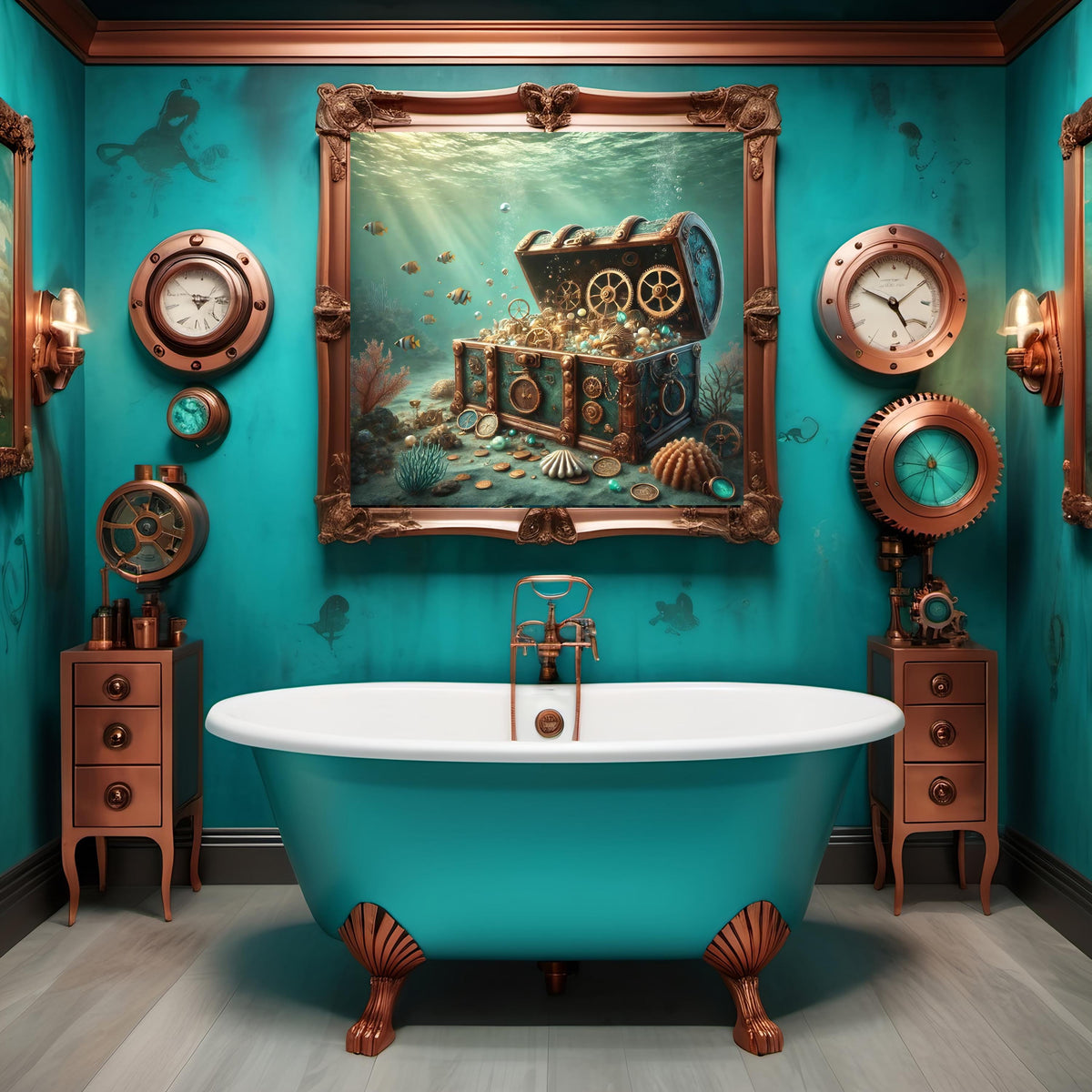 Steampunk Treasure Chest Underwater Scene: Digital Wall Art (Digital Print)