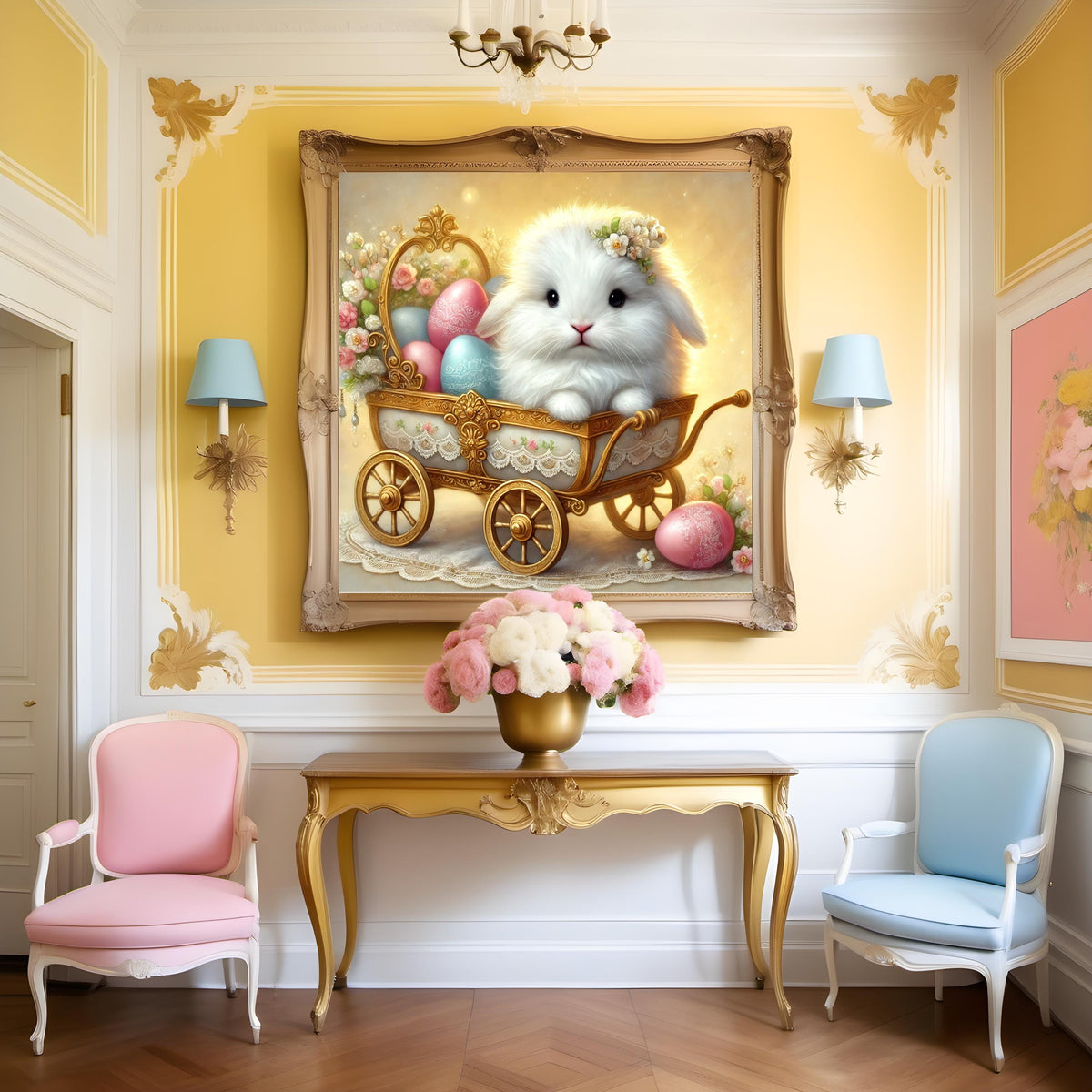 Whimsical Easter Bunny in Vintage Carriage: Cottagecore Digital Art (instant Download)