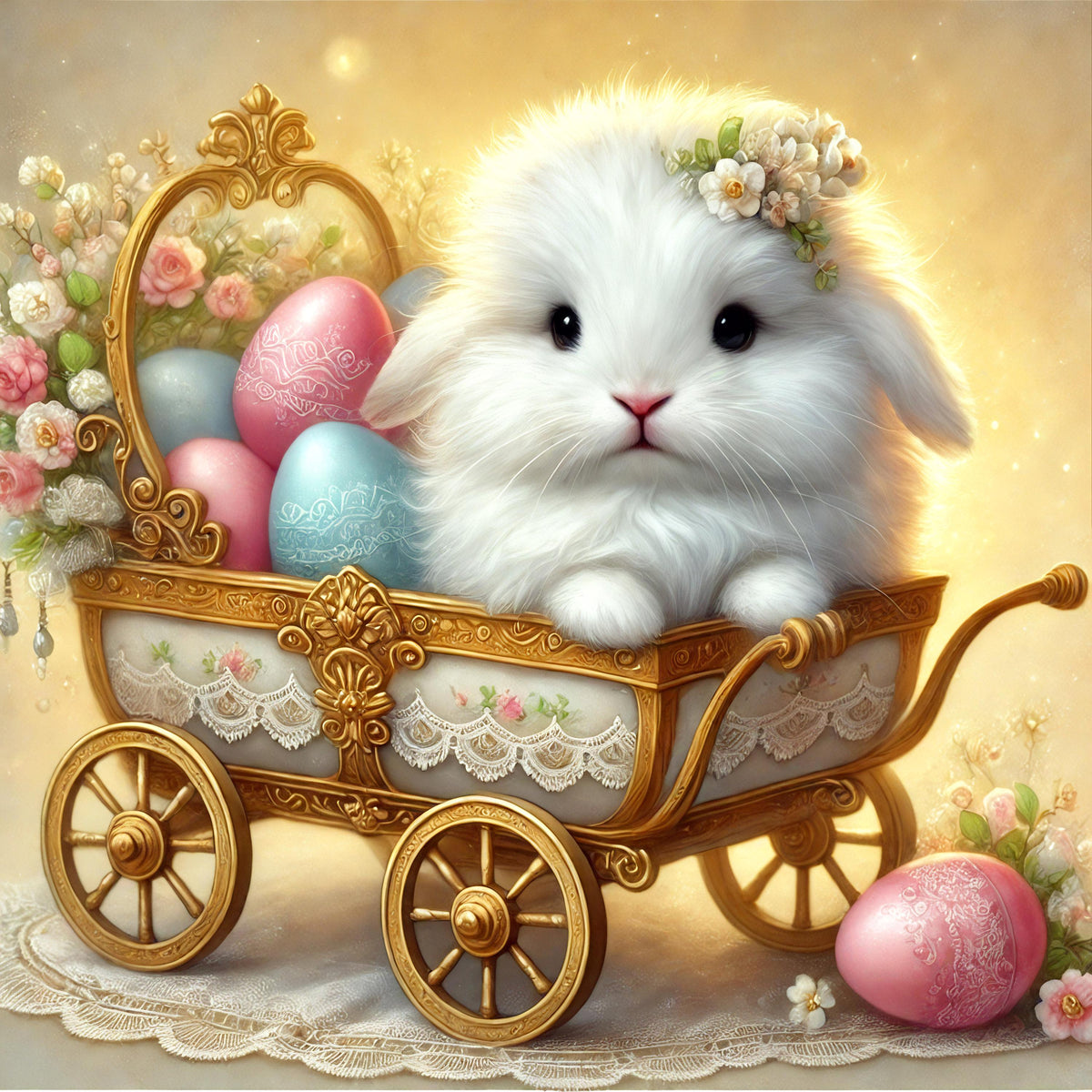 Whimsical Easter Bunny in Vintage Carriage: Cottagecore Digital Art (instant Download)