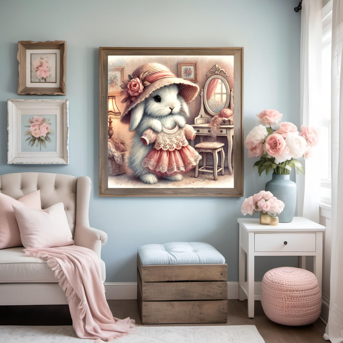 Whimsical Bunny Dress-Up Art: Vintage Nursery Decor (Digital Download)