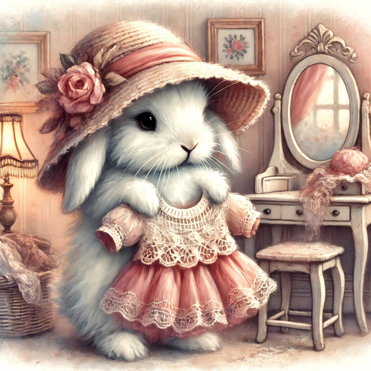 Whimsical Bunny Dress-Up Art: Vintage Nursery Decor (Digital Download)