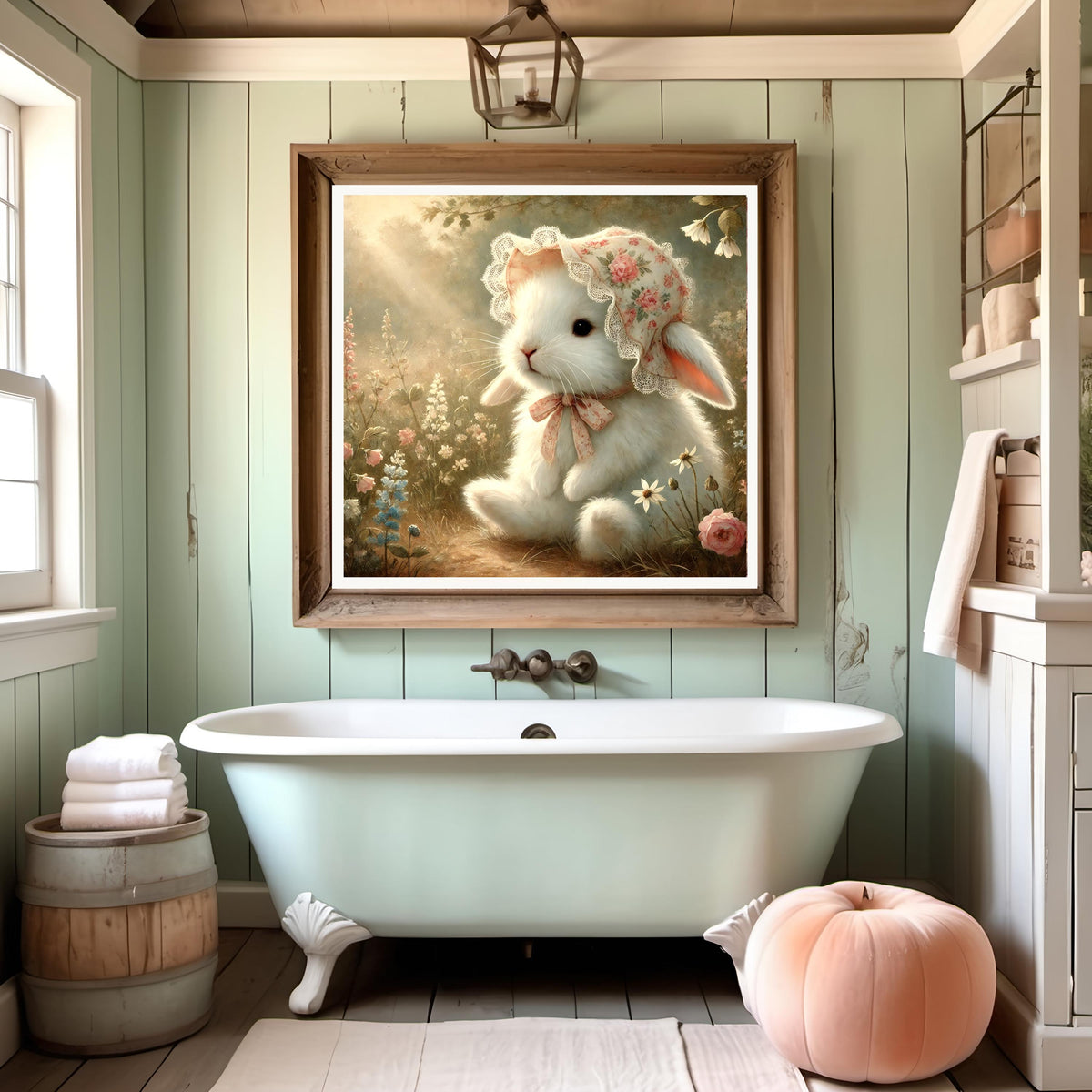 Vintage Bunny Print: Floral Bonnet, Pastel Nursery Decor (Digital Download)
