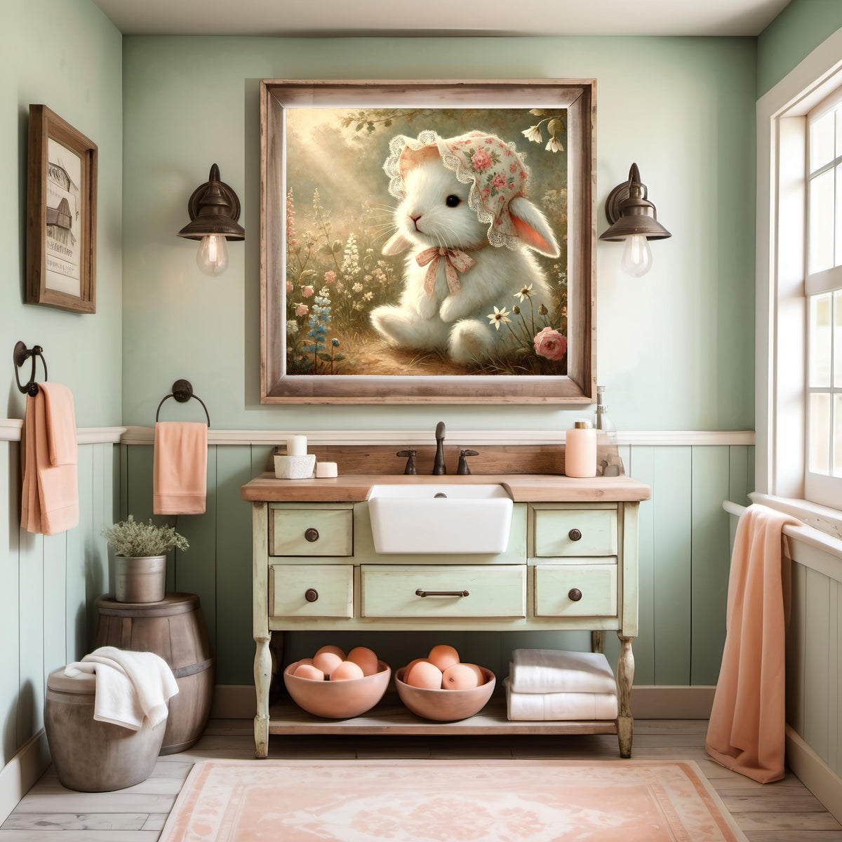 Vintage Bunny Print: Floral Bonnet, Pastel Nursery Decor (Digital Download)