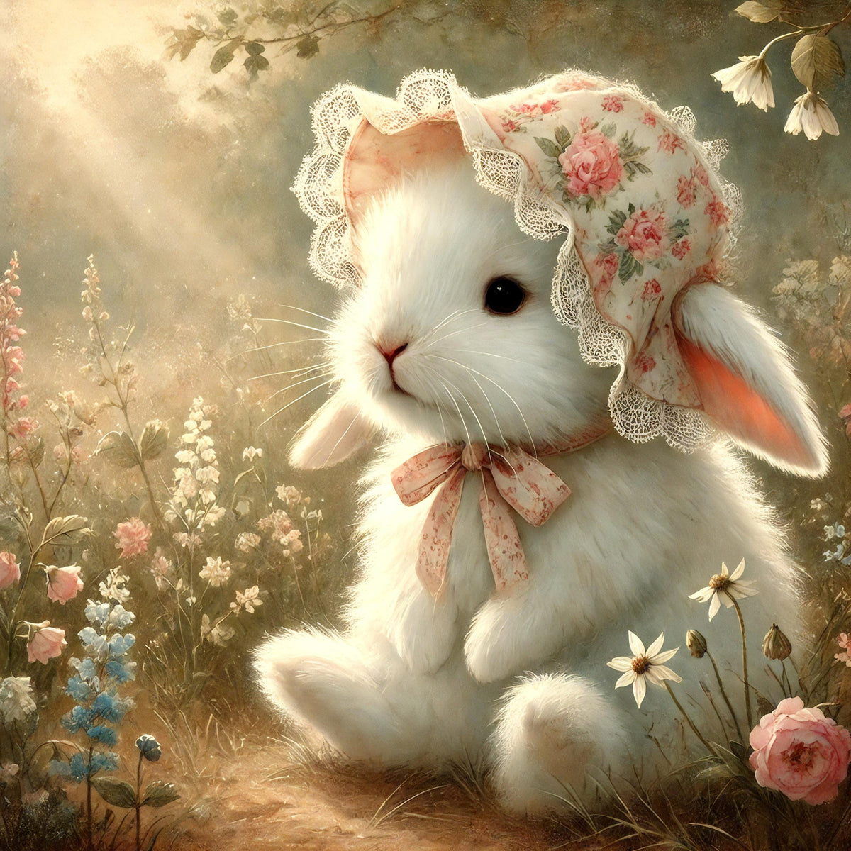 Vintage Bunny Print: Floral Bonnet, Pastel Nursery Decor (Digital Download)