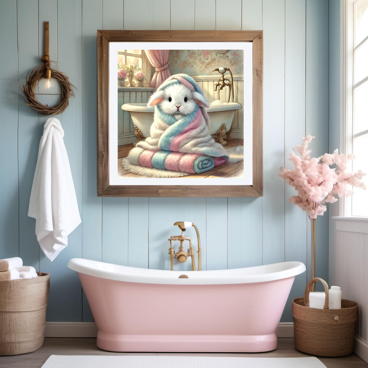 Bathtime Bunny Print: Pastel Nursery Bathroom Decor (Digital Download)