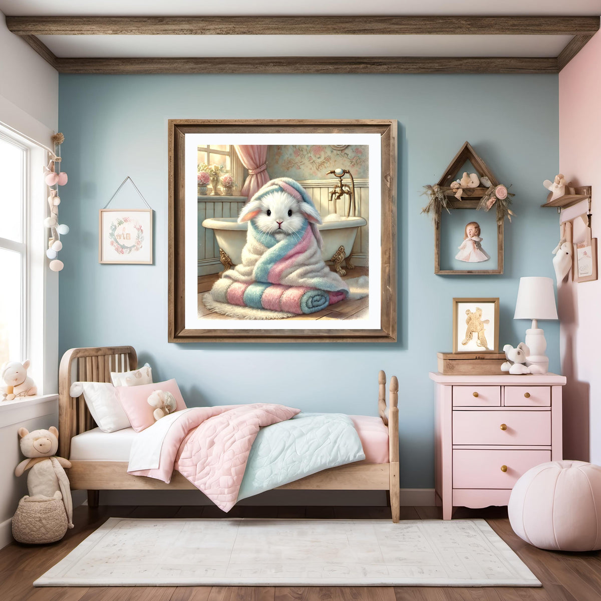 Bathtime Bunny Print: Pastel Nursery Bathroom Decor (Digital Download)